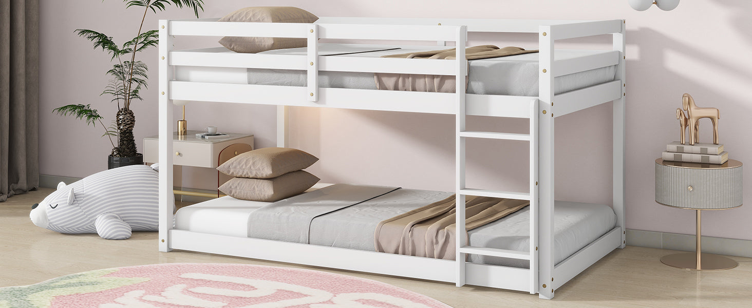 Solid Wooden, Solid Rubber Wooden Twin over Twin Floor Bunk Bed with Ladder, with Bed Platform of Strengthened Slats,White