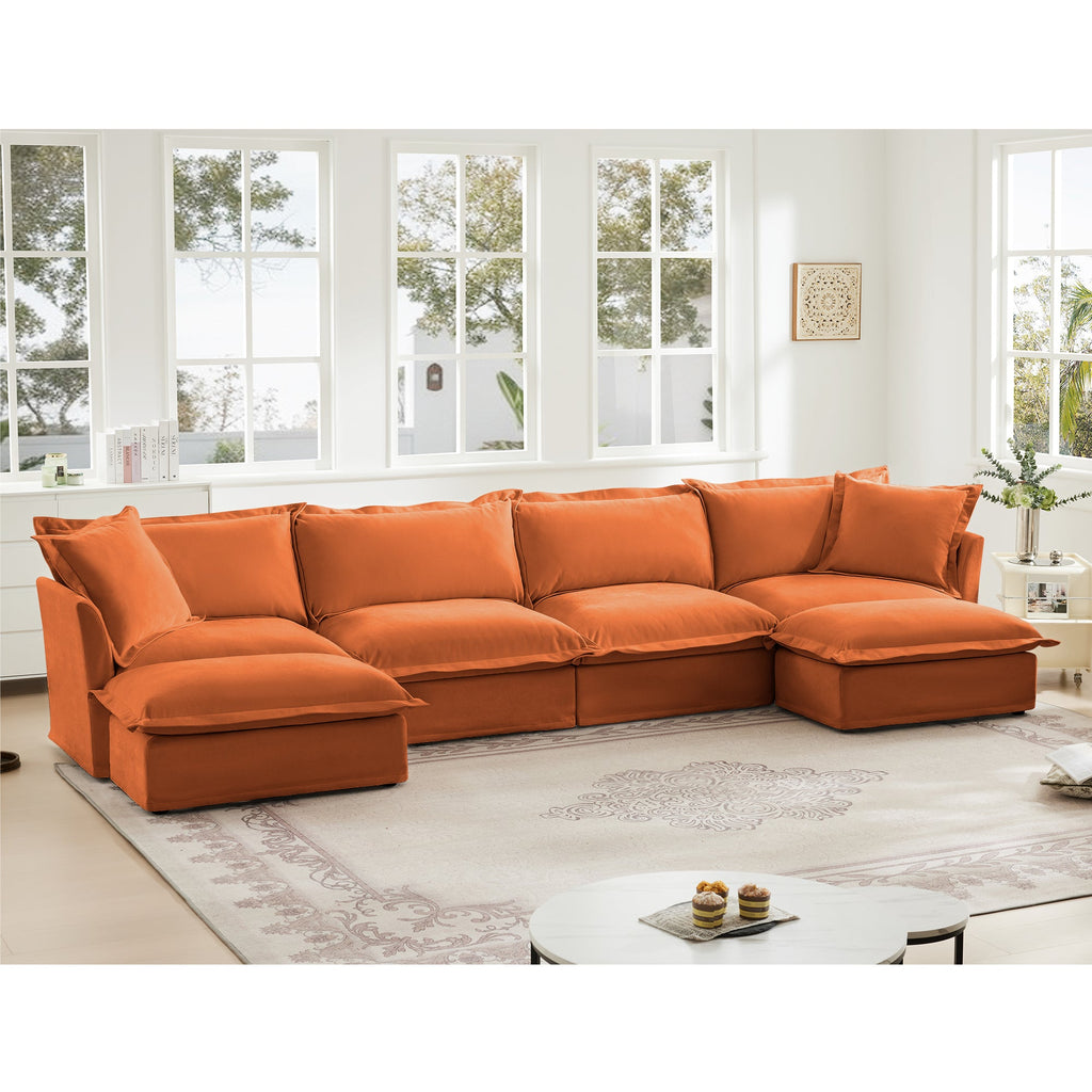 Slipcovered U Shape Sectional Wide and Deep Seat Sofa Couch, 4 Seater Sofa with French Edges Design Multiple Big Pillows, Soft Deep Seat Comfy Cloud Couch for Living Room, Apartment, Chenille Fabric
