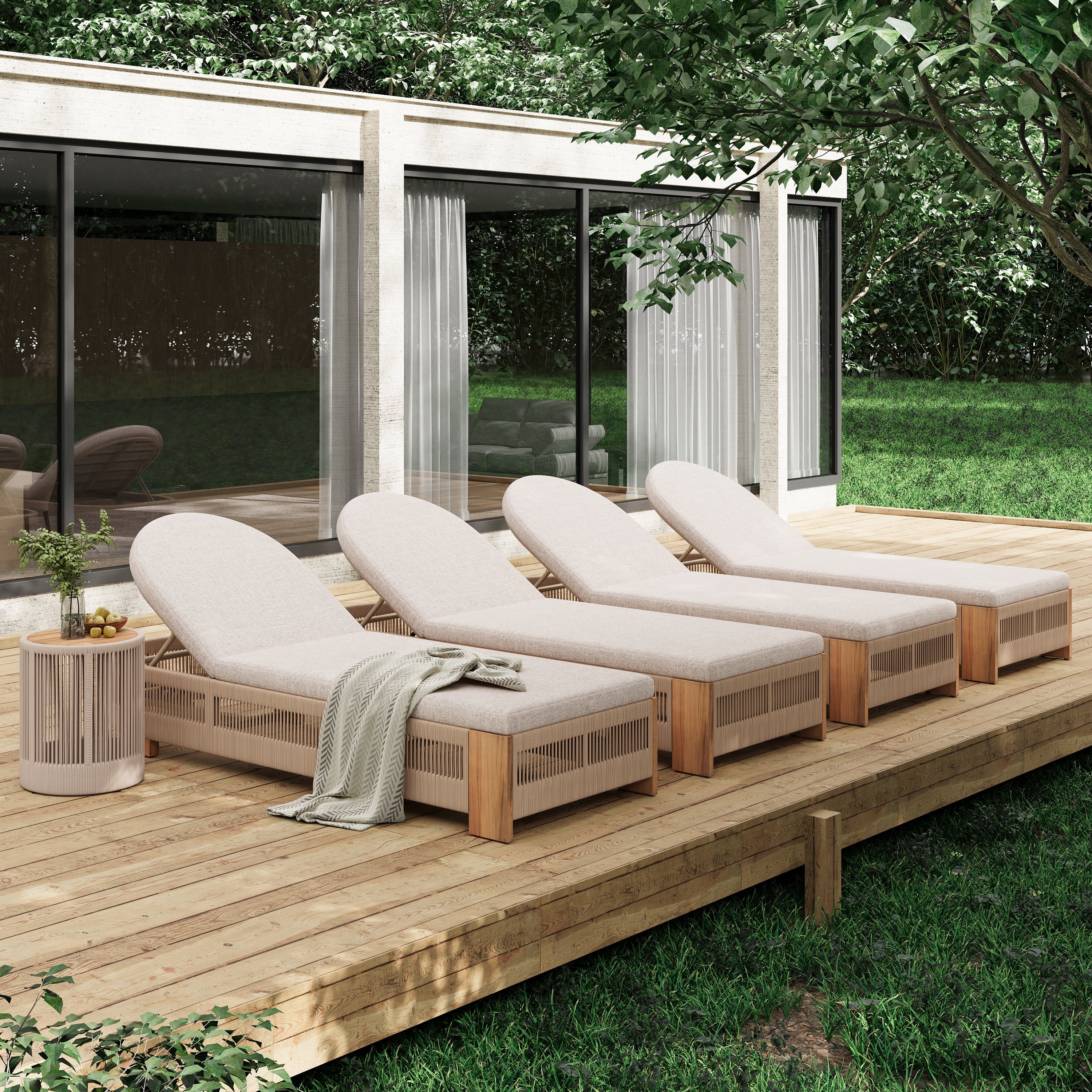 Outdoor Rope Chaise Lounge Set of 9, Patio Lounge Chairs, Outside Poolside Lounge Furniture, Teak look wood Side Table and Beige Cushions, Chaise Lounge with Adjustable Backrest( Beige rope)