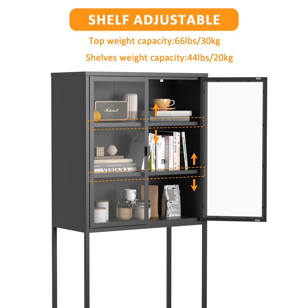 59"H Heavy Duty Metal Storage Cabinet,Sideboards & Buffet,Display Storage Cabinet with Glass Doors and 2 Adjustable Shelves, Tall Bookcase Modern Bookshelf Cabinet for Home Office, Living Room