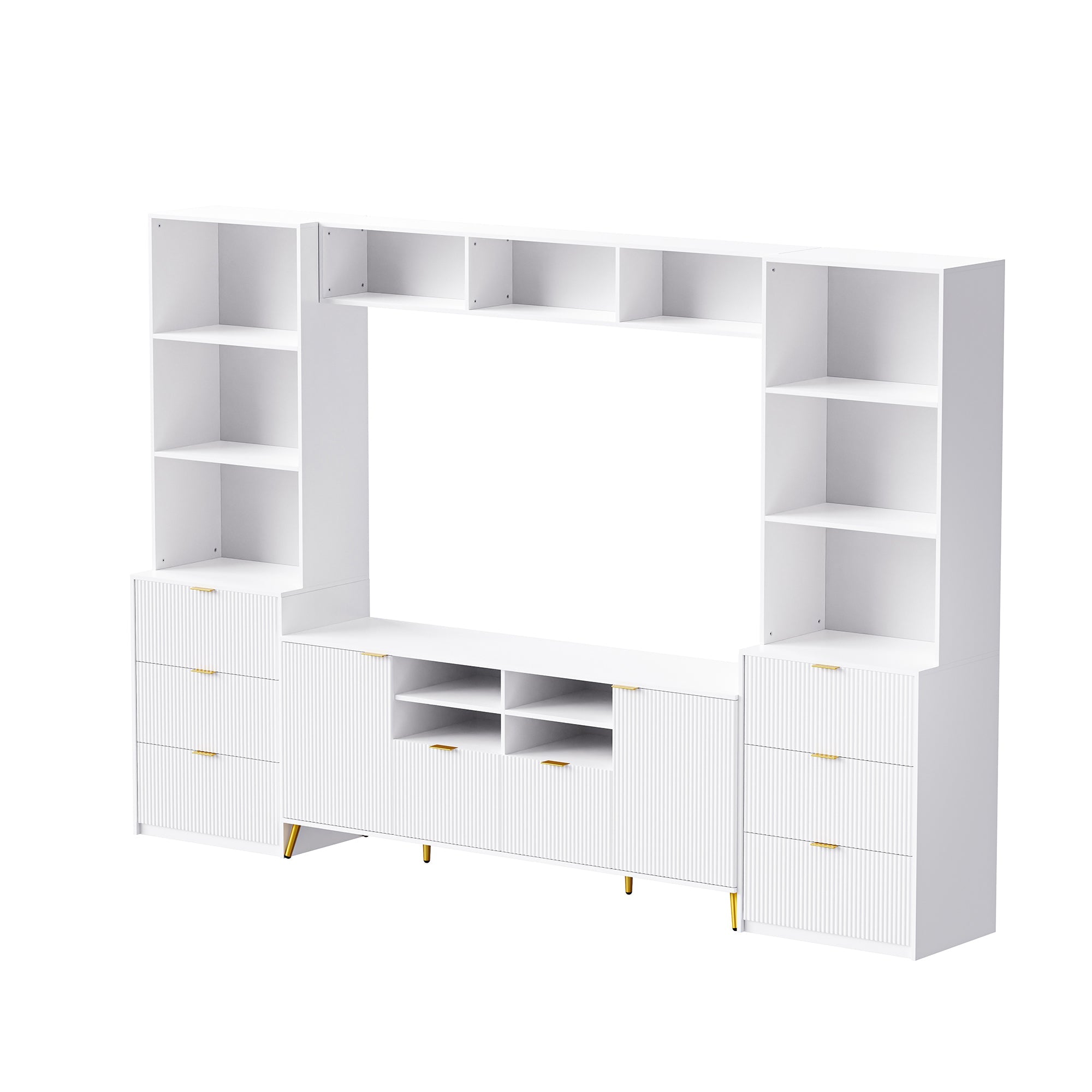 U-Can 4-Piece Entertainment Wall Unit with 13 shelves,8 Drawers and 2 Cabinets, Multifunctional TV Stand Media Storage Cabinet with Fluted Line Surface for Living Room, for TVs Up to 70'