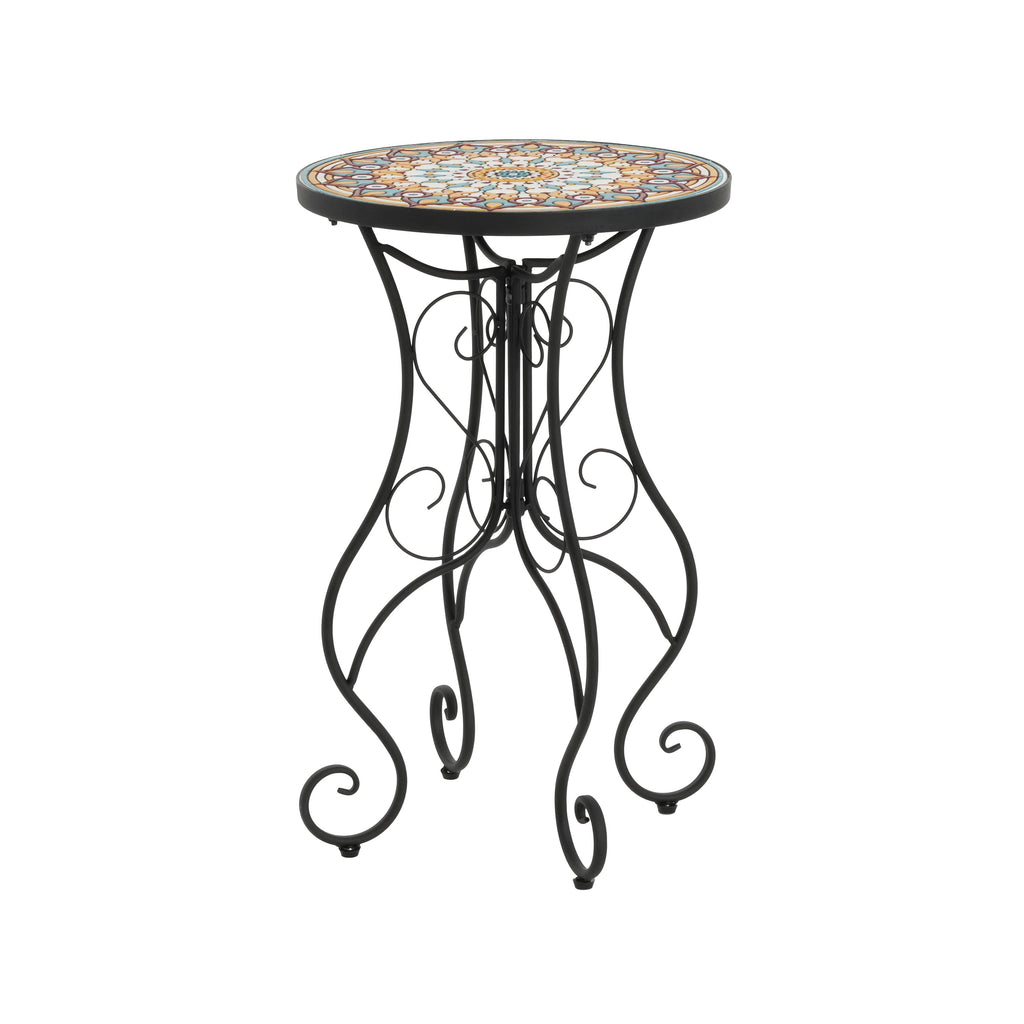 Vibrant French Country Round Ceramic Outdoor Side Table Black Ceramic Tile 14x14x22.44 inches