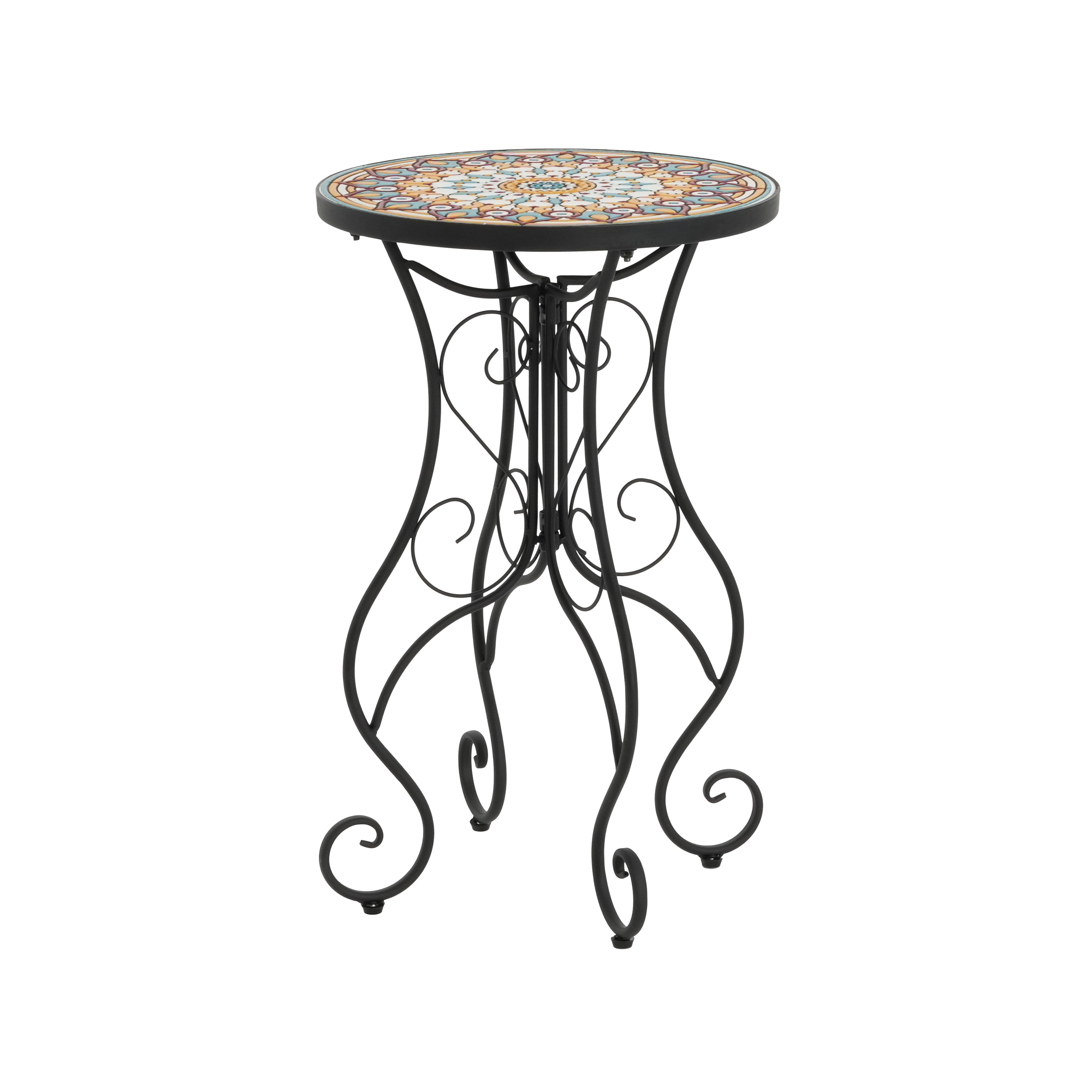 Vibrant French Country Round Ceramic Outdoor Side Table Black Ceramic Tile 14x14x22.44 inches