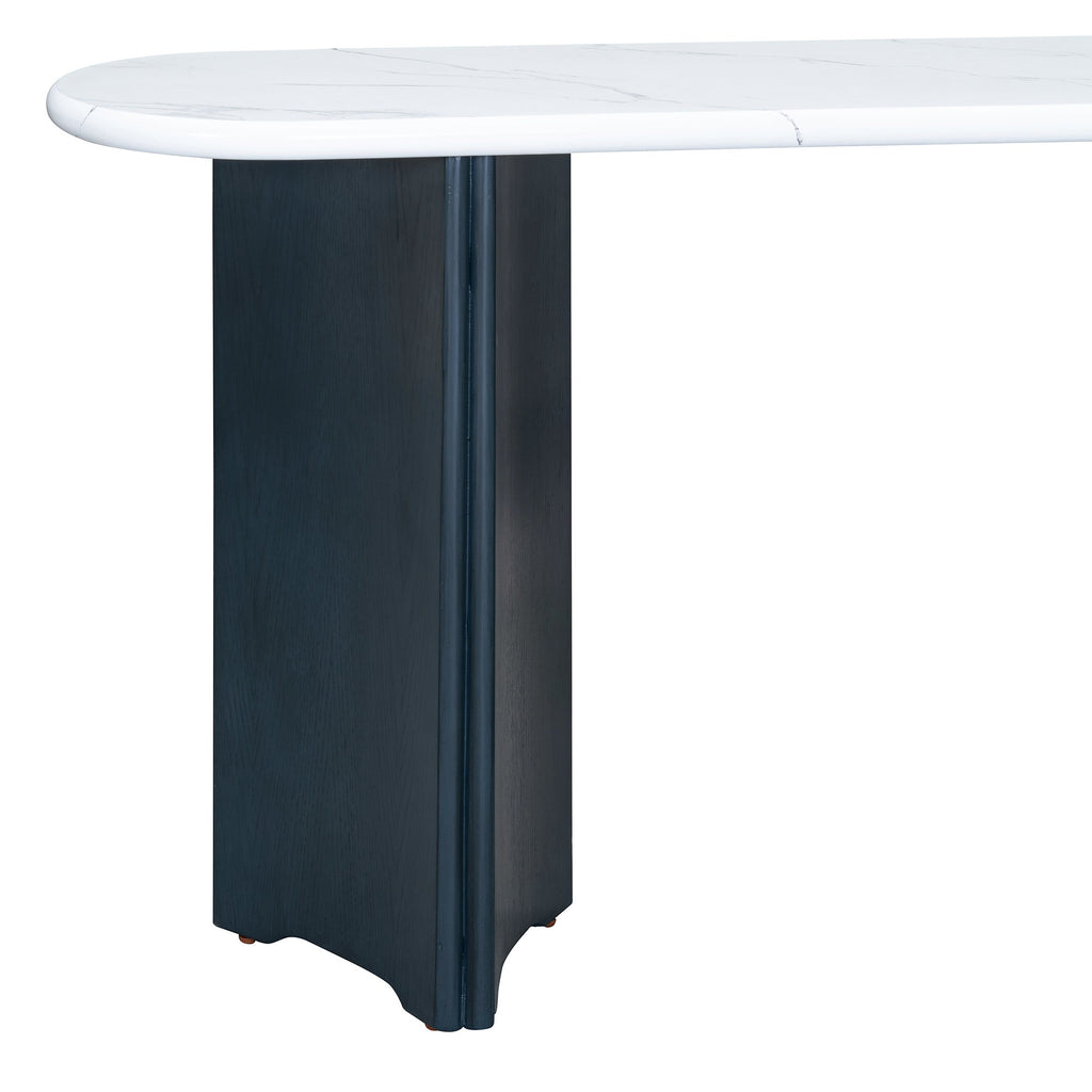 TREXM Narrow Console Table, Entryway Table with Oval Faux Marble Top, Rustic Sofa Table with Curved Legs, Hallway Accent Table for Entrance and Living Room (Navy+White)