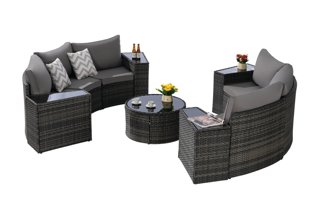 Outdoor Patio Furniture 11-Piece Half-Moon Sectional Round Patio Furniture Set Sofa with Tempered Glass Round Coffee Table