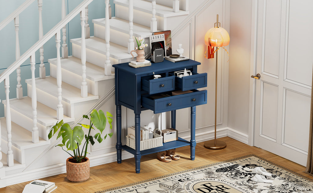 TREXM Narrow Console Table, Slim Sofa Table with Three Storage Drawers and Bottom Shelf (Navy)
