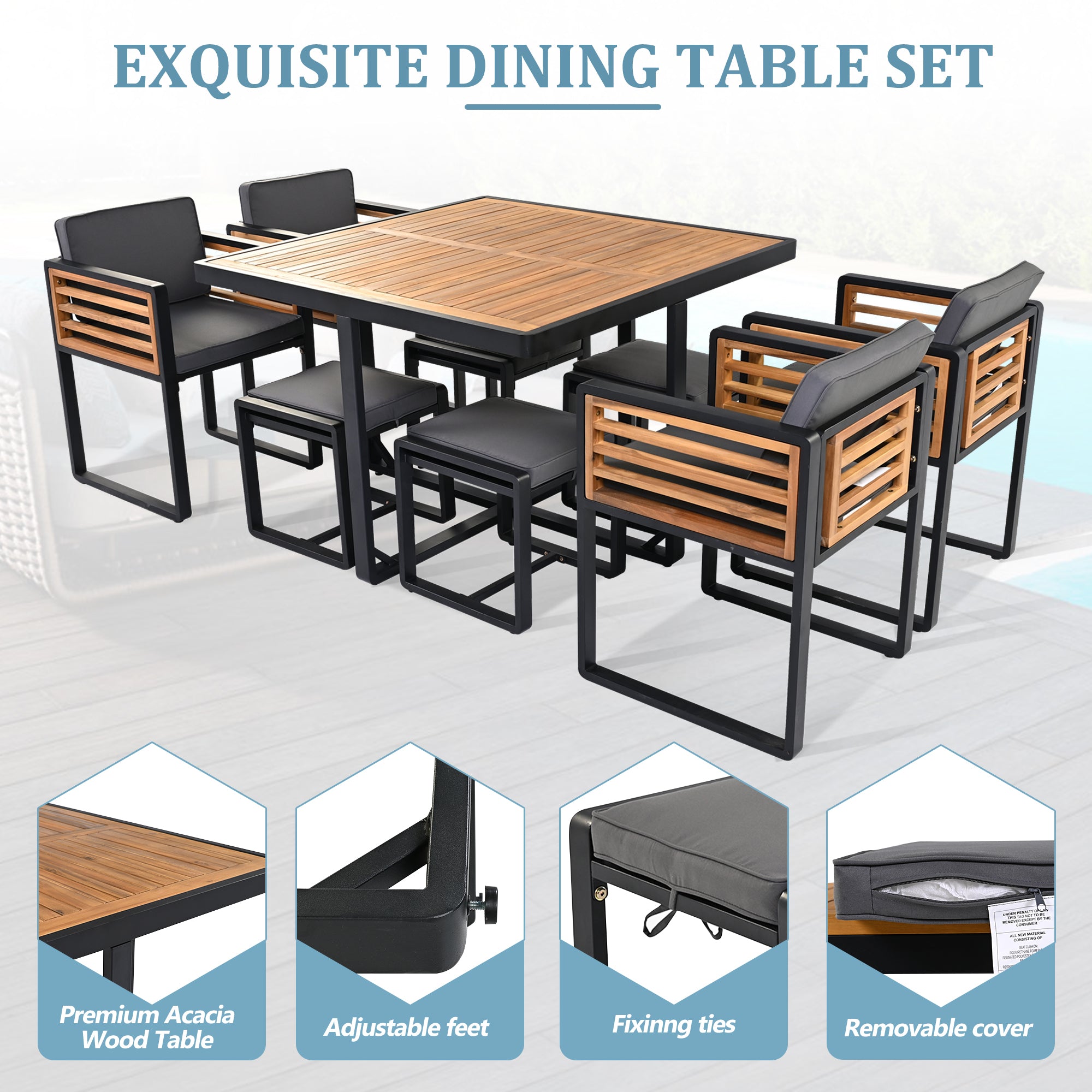 GO 18-Pieces Acacia Wood Patio Dining Set, Space Saving Outdoor Patio Set, 8 Cushioned Chairs & 8 Ottomans & 2 Square Table, for Backyard, Garden, Deck and Poolside, Gray