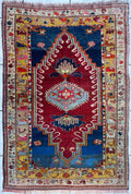 Hand-Knotted Antique Turkish Melas Wool Rug – 4'3" x 5'11" – Vibrant Geometric Motifs