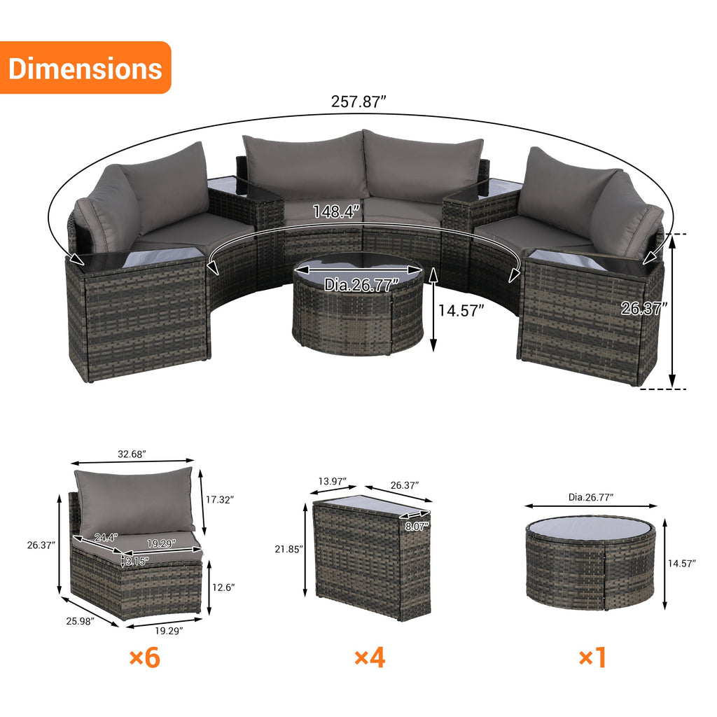 Outdoor Patio Furniture 11-Piece Half-Moon Sectional Round Patio Furniture Set Sofa with Tempered Glass Round Coffee Table