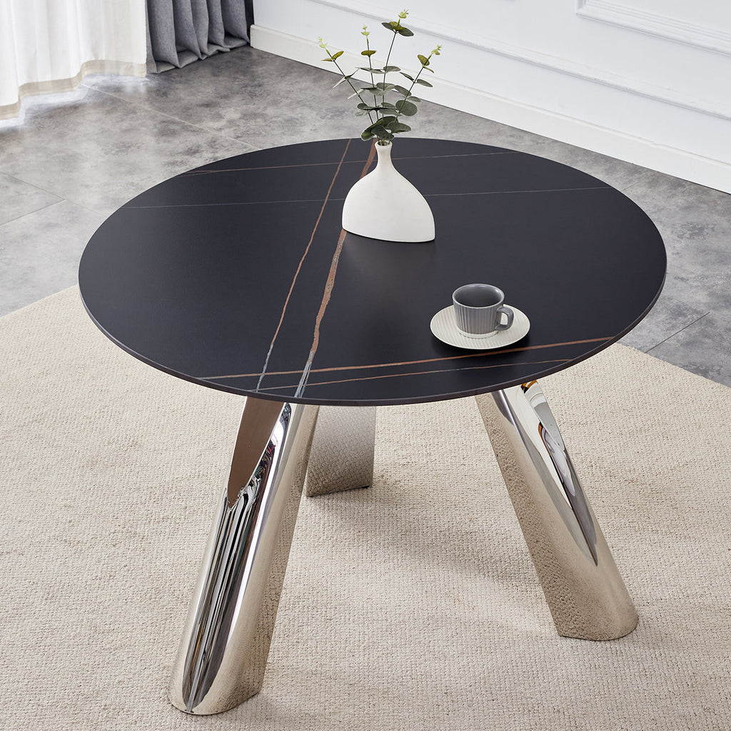 42' Luxury Sintered Stone Table: 0.45' Durable Top + 6' Steel Legs,350lb Capacity, Stain/Heat-Resistant Black Veined Surface - Modern Minimalist DesignW1512S00111