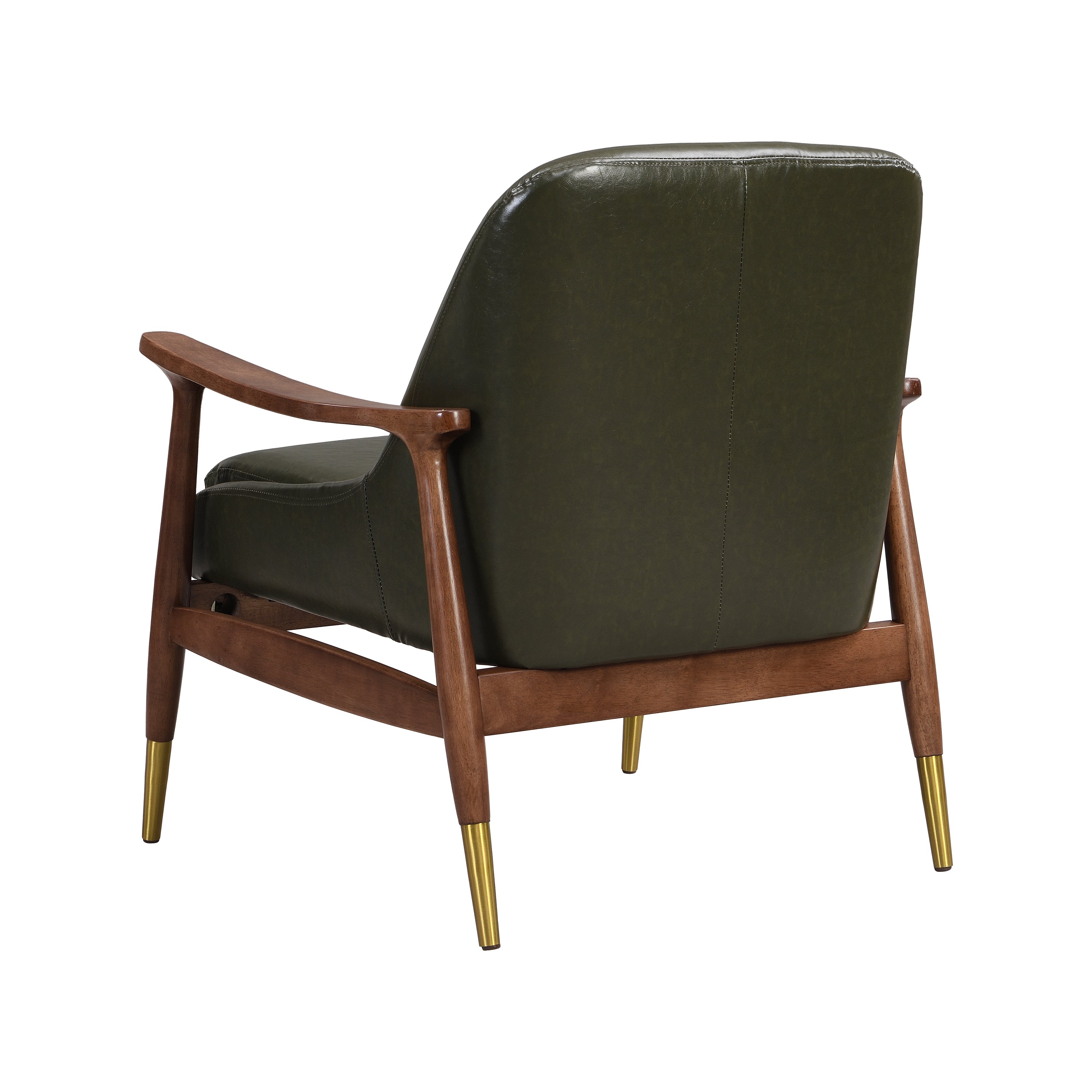 Mid-Century Faux Leather Accent Chair with Cushioned Seat, Solid Wood Frame, Brass-Tipped Legs, Cognac-Brown