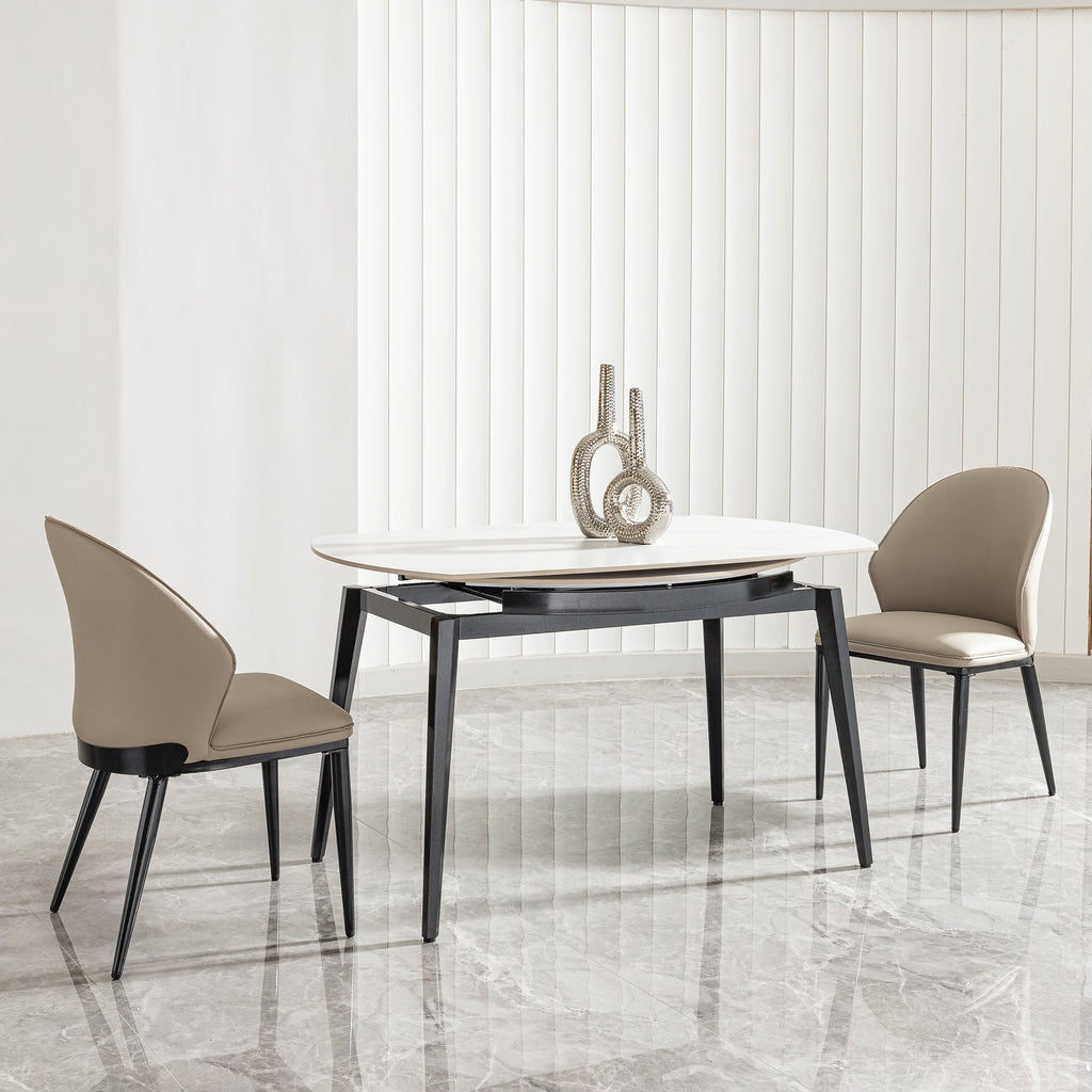 Modern Extendable Round Dining Table with Sintered Stone Top, White & Black, 33.5'' to 51.2''