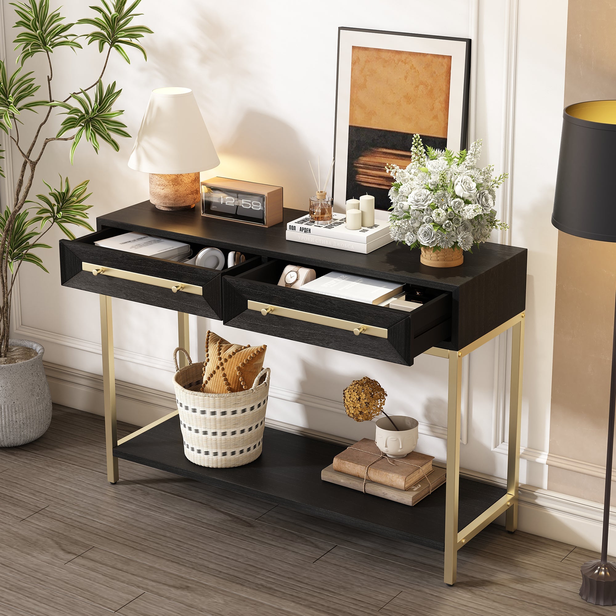 TREXM Entryway Table, Console Table with Two Drawers, Retro Hallway Table with Striking Geometric Design for Entryway and Living Room (Black)