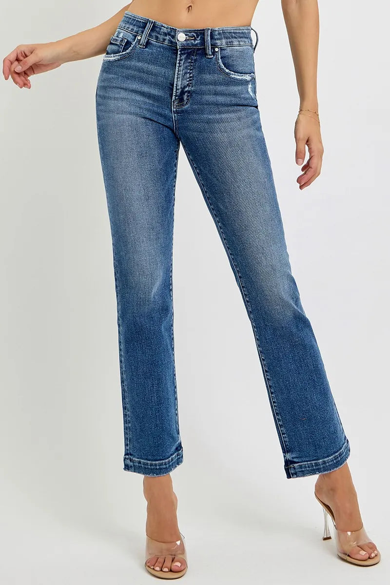 RISEN Full Size Tummy Control Elastic Band Mid Rise Straight Jeans Plus Size