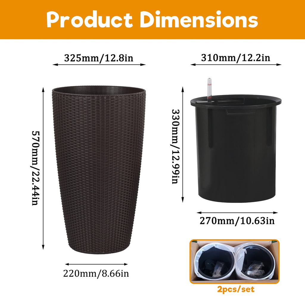 Faux Rattan Tall Planters Set of 2 with Water Level Monitor and Automatic Watering, Brown, 22 Inch