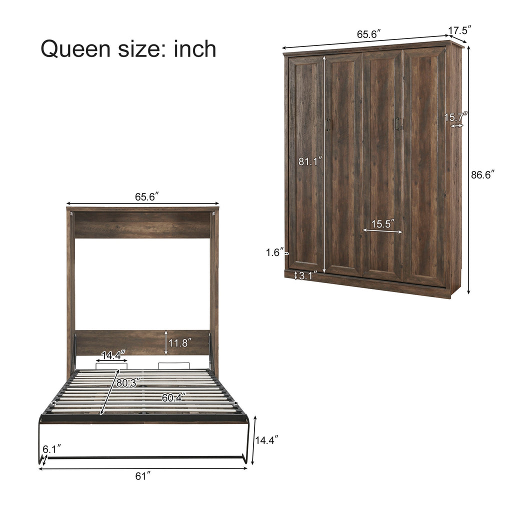 Queen Size Half Self-Close and Open Murphy Bed  with 1 Side Cabinet Storage Shelf, Cabinet Space-Saving Bed Perfect for Guest Room, Bed Room, Guest Room, Home Office, Brown