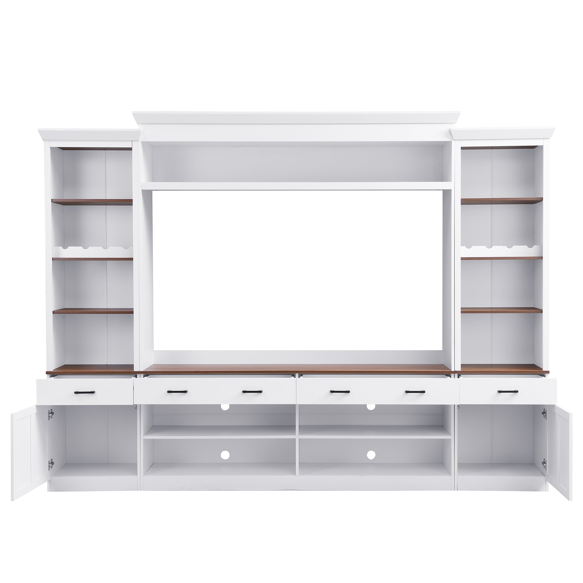 ON-TREND Farmhouse 4-Piece Entertainment Wall Unit Set with Bookshelf for TVs Up to 70', Walnut TV Stand with Adjustable Shelves, Mid-Century Large Media Console with Wine Rack for Living Room, White