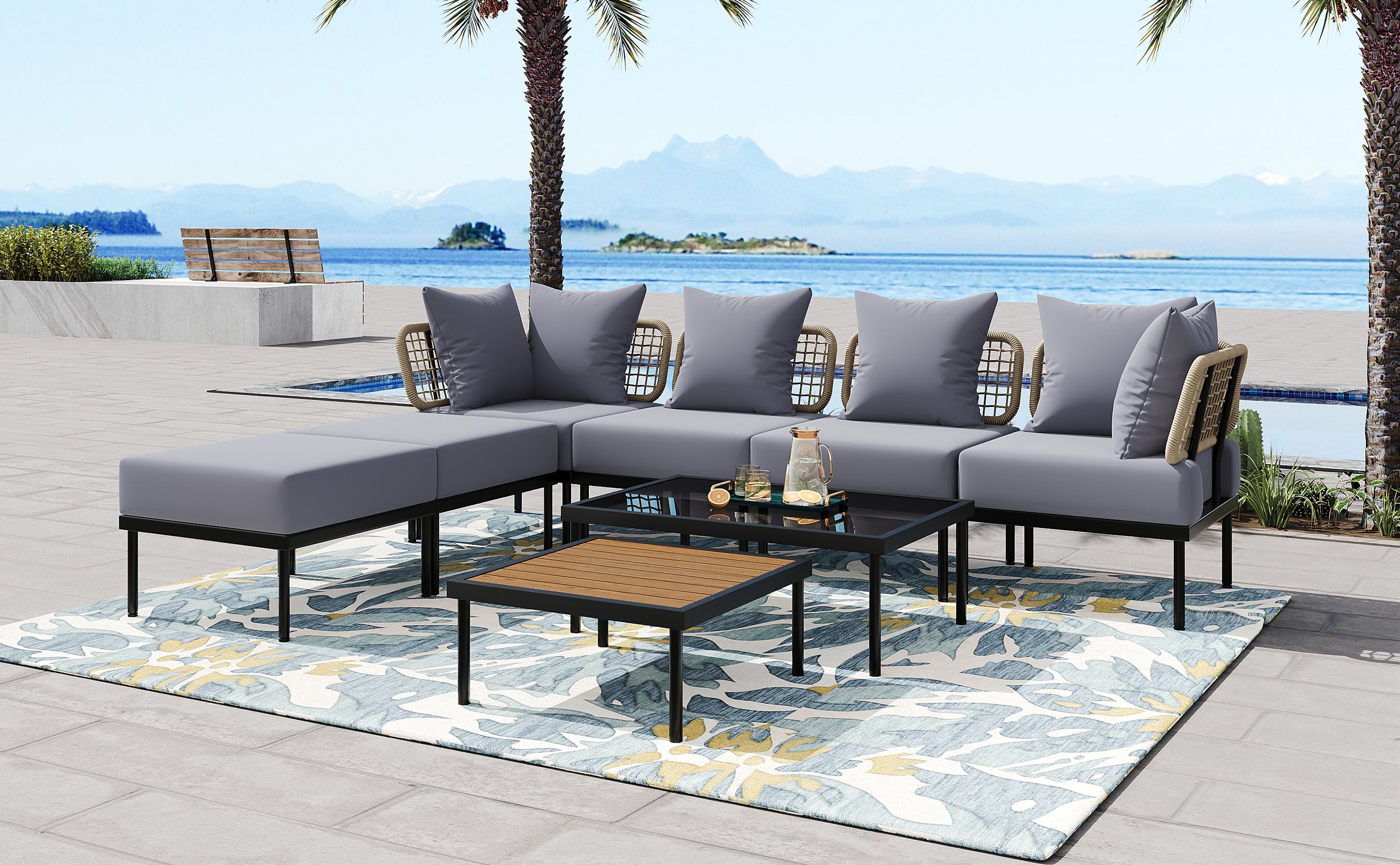 TREXM 8-Piece Patio Sectional Sofa Set with Tempered Glass Coffee Table and Wooden Coffee Table for Outdoor Oasis, Garden, Patio and Poolside (Light Grey Cushion + Black Steel)