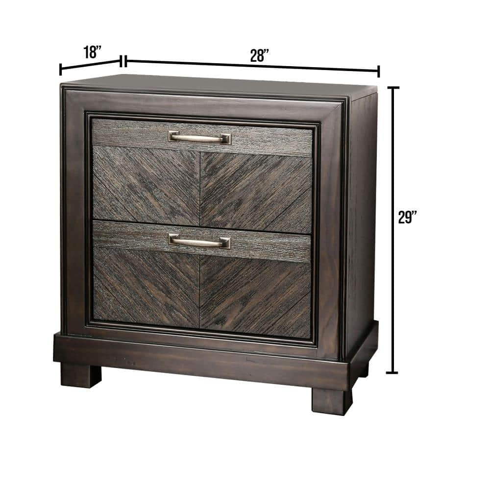Espresso Color 1pc Nightstand V-Shape Plank Design Bedroom Furniture Bedside Table Nickel Bar Pull Solidwood 2- Storage Drawers