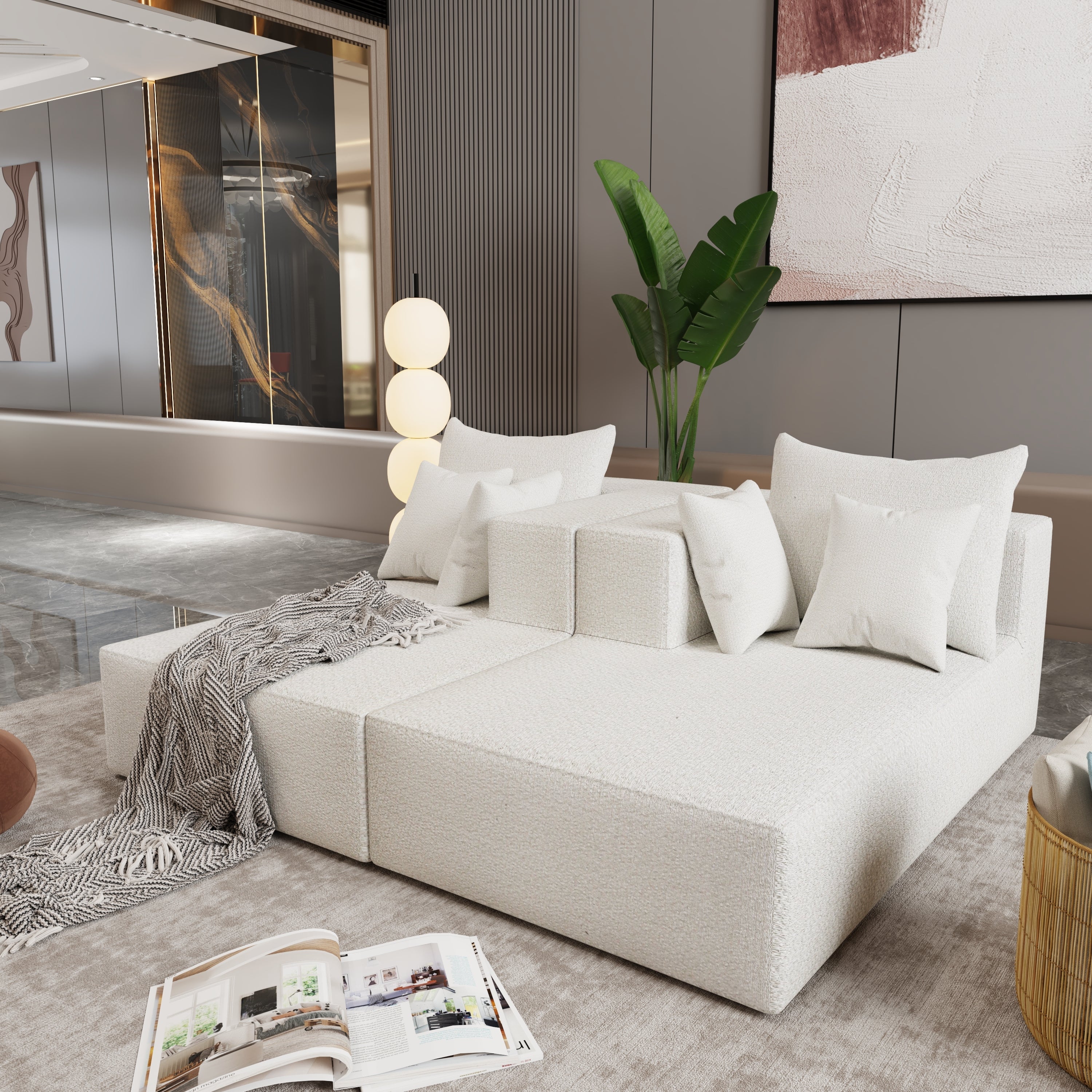 Four seater combination sofa, sofa bed, made of high-density sponge and soft linen fabric, with multiple combination methods (beige)