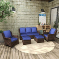Patio Furniture Set Rattan Outdoor Sectional Conversation Sets 3-Seat Outdoor Couch,2 Single Chair and 2 Ottoman for Lawn, Balcony, Garden, Backyard (Gray-Navy, Set of 5)