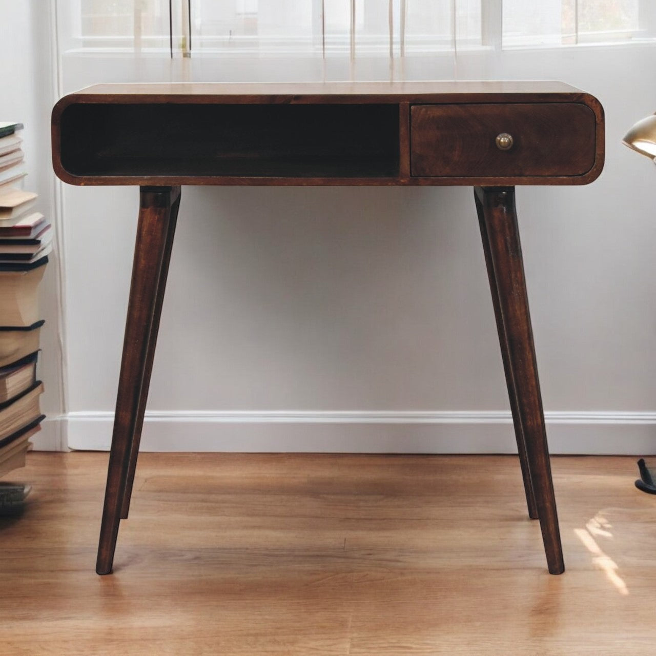 Solid Wood Curved California Walnut Writing Desk, 1-Drawer, 1 Open-Slot, Nordic Legs, Dark Brown