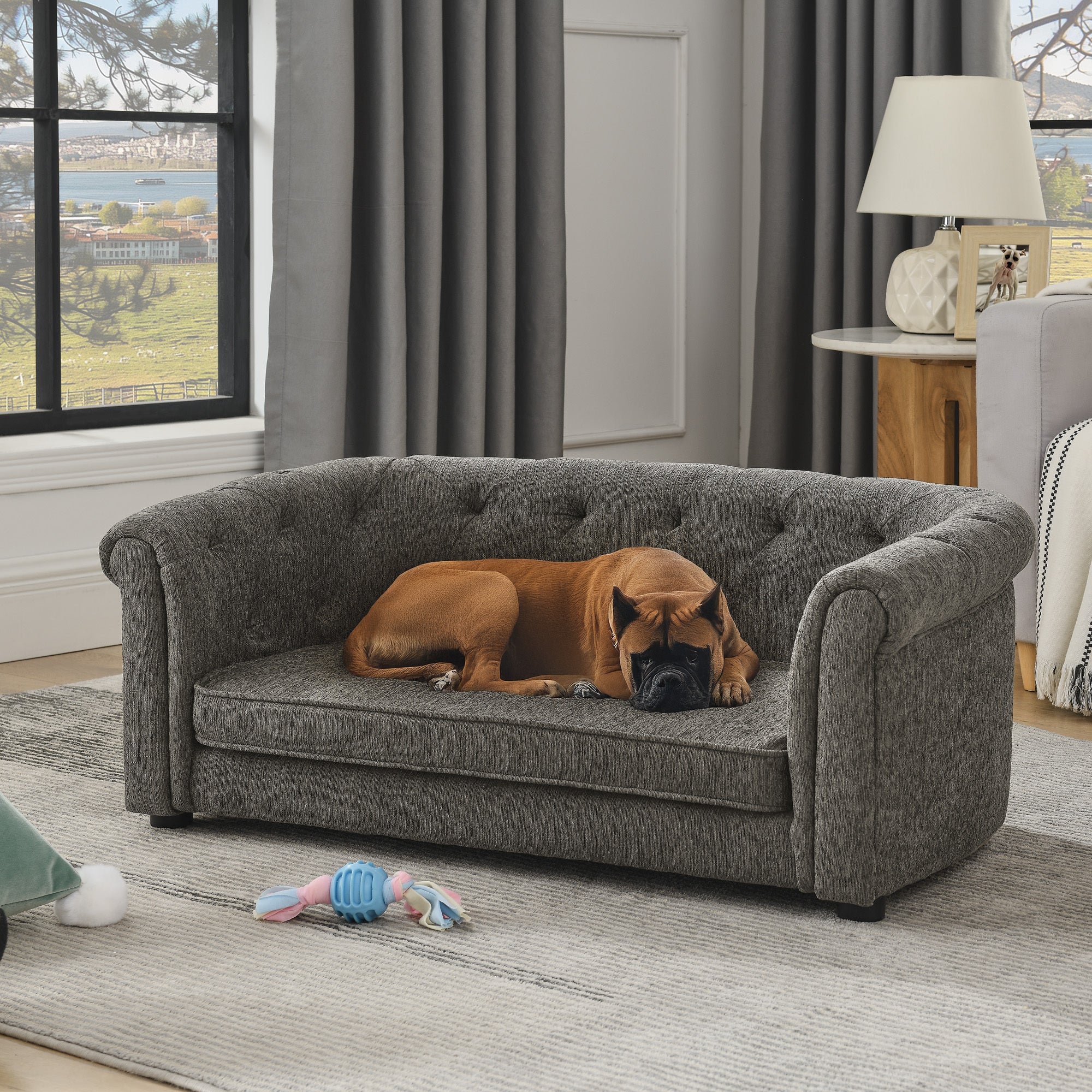 Pet sofa with arc-shaped backrest and armrests, contemporary rectangular pet sofa crafted from breathable linen  cozy soft cushion dog sofa --Dark grey