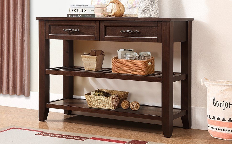 Console Sofa Table with 2 Storage Drawers and 2 Tiers Shelves, Mid-Century Style 42'' Solid Wood Buffet Sideboard for Living Room Furniture Kitchen Dining Room Entryway Hallway, Espresso