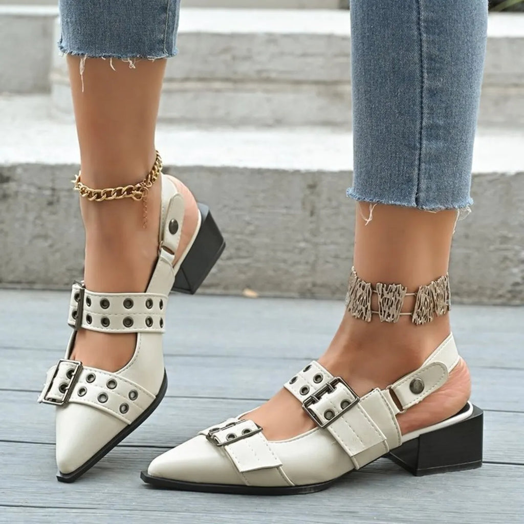 Point Toe Block Heels Slingback Pumps
