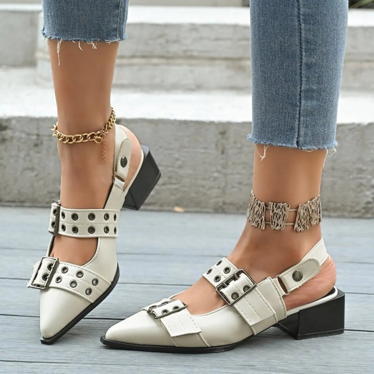 Point Toe Block Heels Slingback Pumps