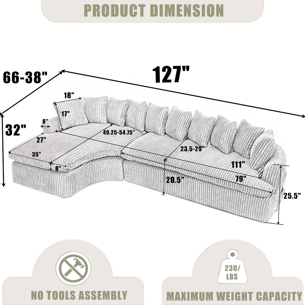 127''  Large Sectional Sofa ,Elegant Curved Design ,High-Resilience Foam ,Ten Back Cushions,L-Shape Left Sofa,No Assembly  Required , (Beige-Soft Corduroy Fabric)