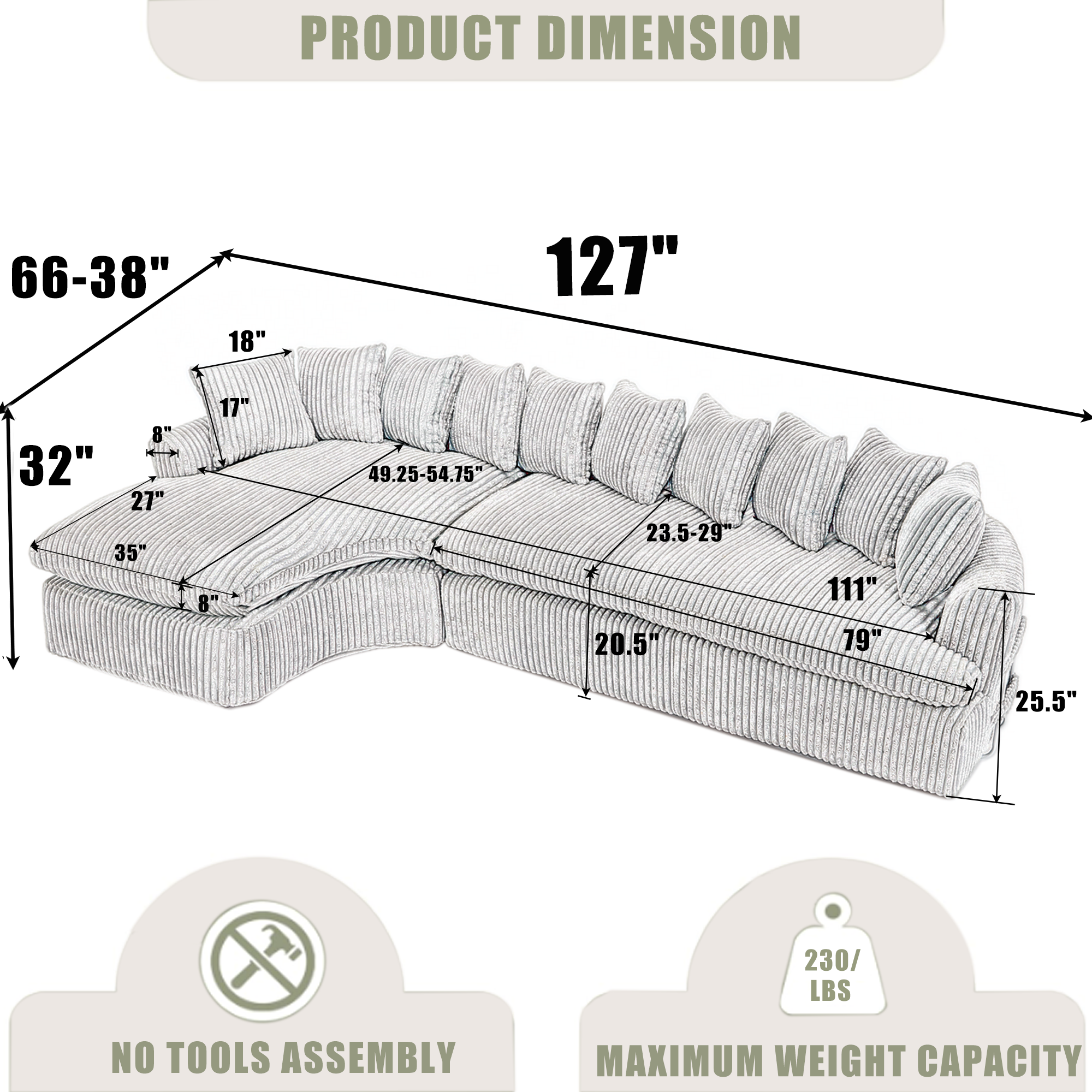 127''  Large Sectional Sofa ,Elegant Curved Design ,High-Resilience Foam ,Ten Back Cushions,L-Shape Left Sofa,No Assembly  Required , (Beige-Soft Corduroy Fabric)