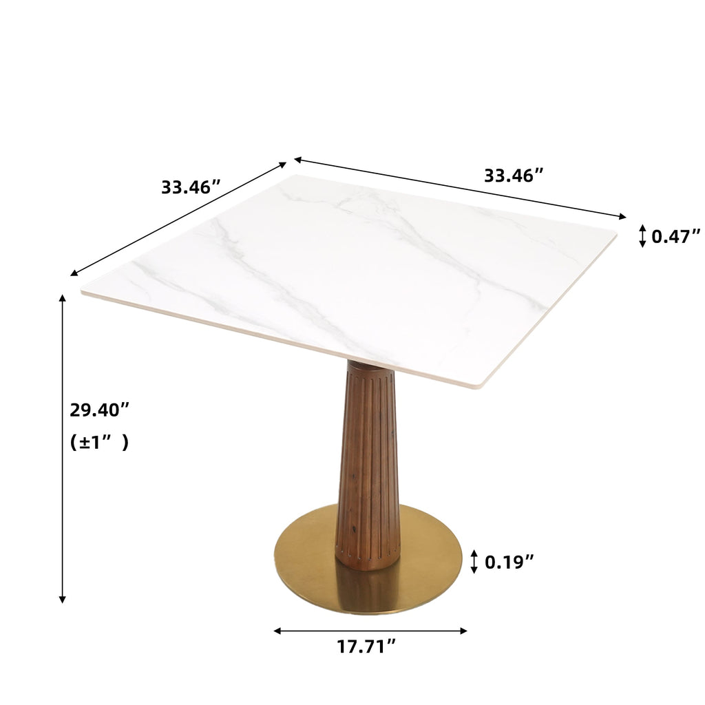 Modern Square Dining Table, 33.5' Sintered Stone Table with Wooden Leg & Gold Base, 2 - Person Kitchen Table for Small Space, 150lbs Weight Capacity(Only the Negotiation Table)