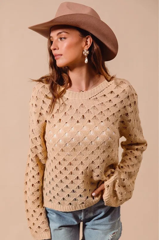 SO ME Geometric Pattern Open Knit Lightweight Sweater