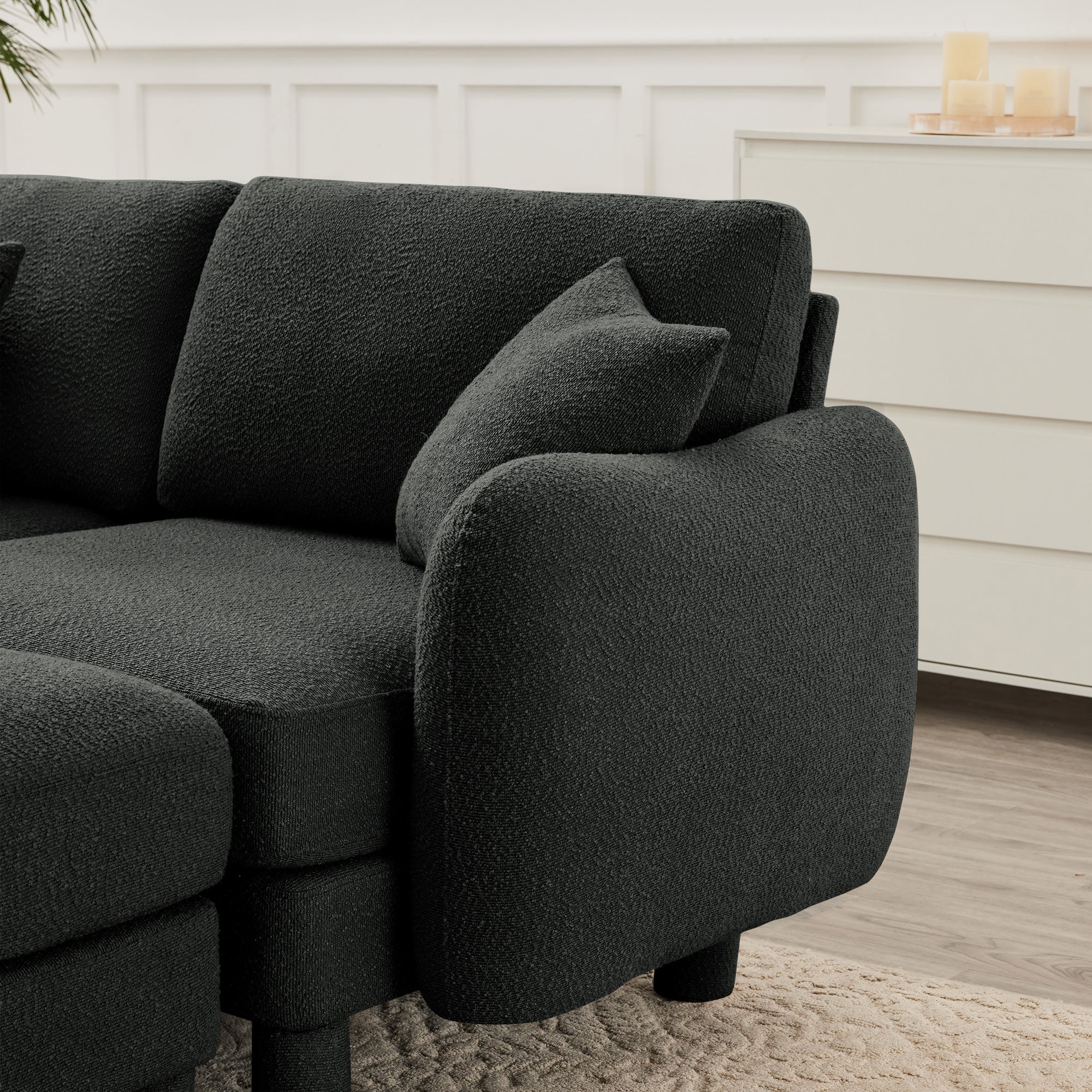 Boucle Fabric U Shape Sectional 4-seater Sofa Couch With Distinctive Shell-shaped Armrests And 2 Movable Ottomans,Cylindrical Legs Wrapped with Self-fabric,Dark Grey  Color