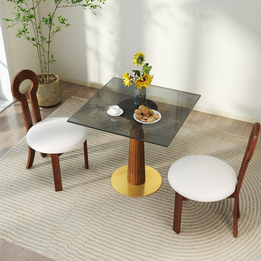 Modern Square Dining Table, 33.5' Tempered Glass Table with Wooden Leg & Gold Base, 2 - Person Kitchen Table for Small Space, 150lbs Weight Capacity(Only the Negotiation Table)