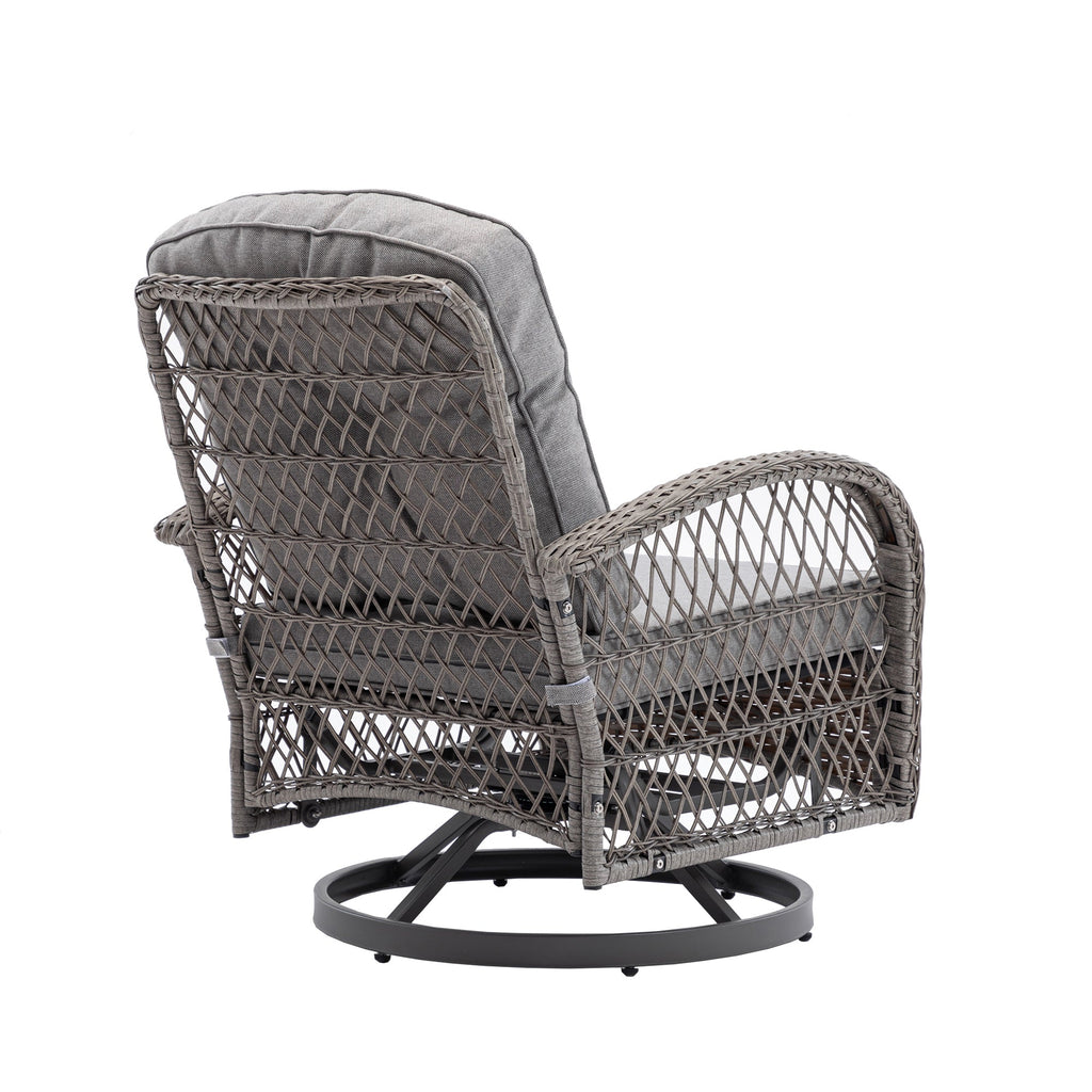 3 Pieces Outdoor Swivel Rocker Patio Chairs, 360 Degree Rocking Patio Conversation Set with Thickened Cushions and Glass Coffee Table for Backyard, Grey