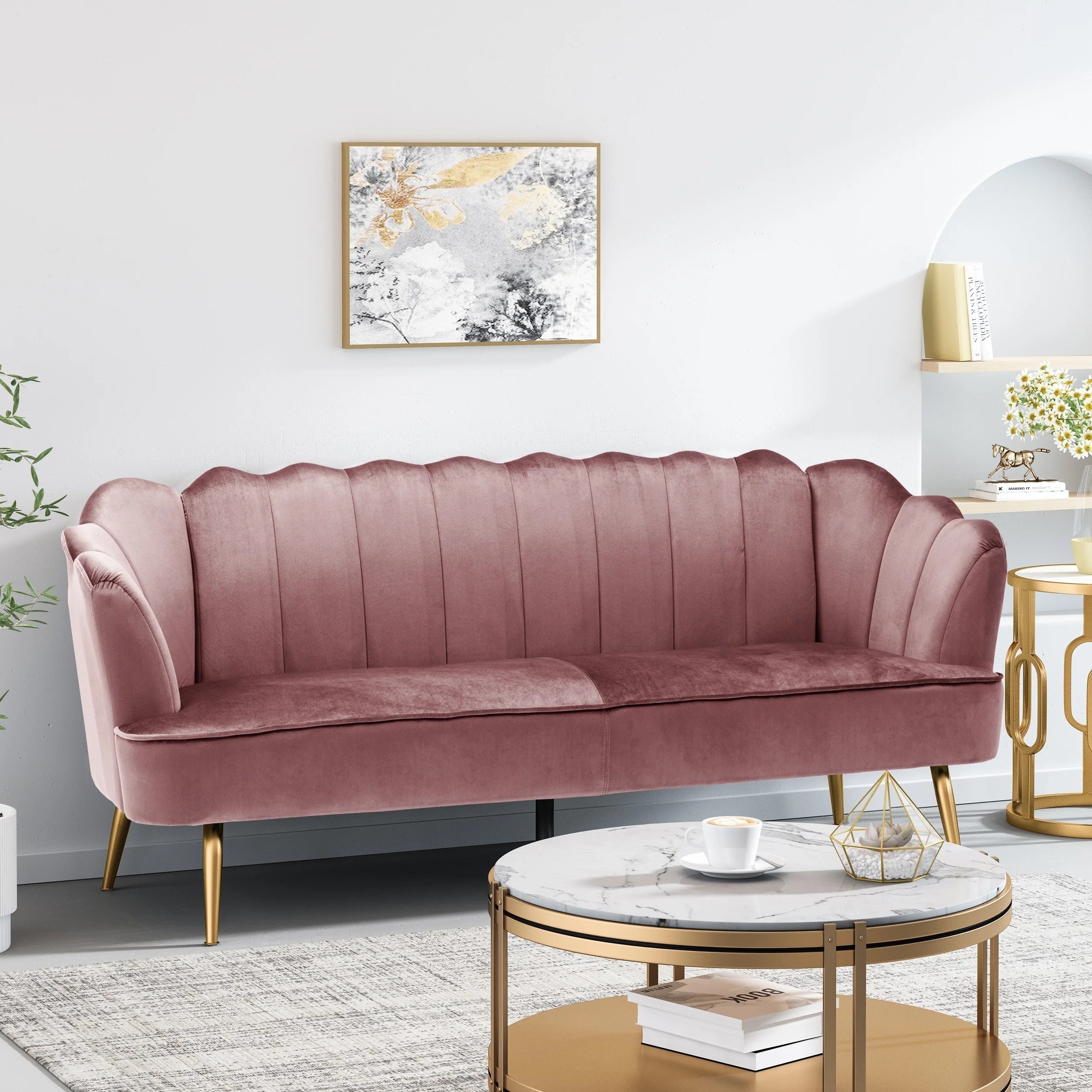 Modern Glam Velvet 3 Seater Sofa with Curvaceous Shell Design in Blush