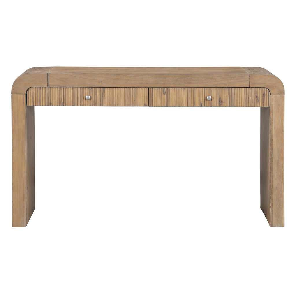 TREXM Rustic Console Table with Fluted Drawer Front, Entryway Table with Curved Corners & Thick Legs, Sturdy Sofa Table for Hallway & Living Room (Natural)