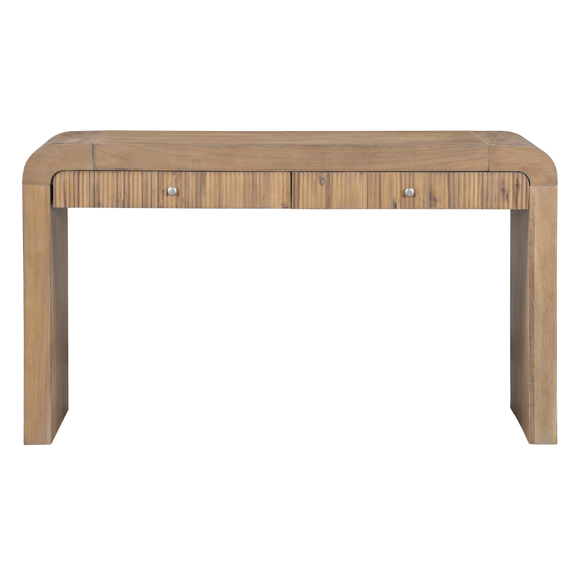 TREXM Rustic Console Table with Fluted Drawer Front, Entryway Table with Curved Corners & Thick Legs, Sturdy Sofa Table for Hallway & Living Room (Natural)