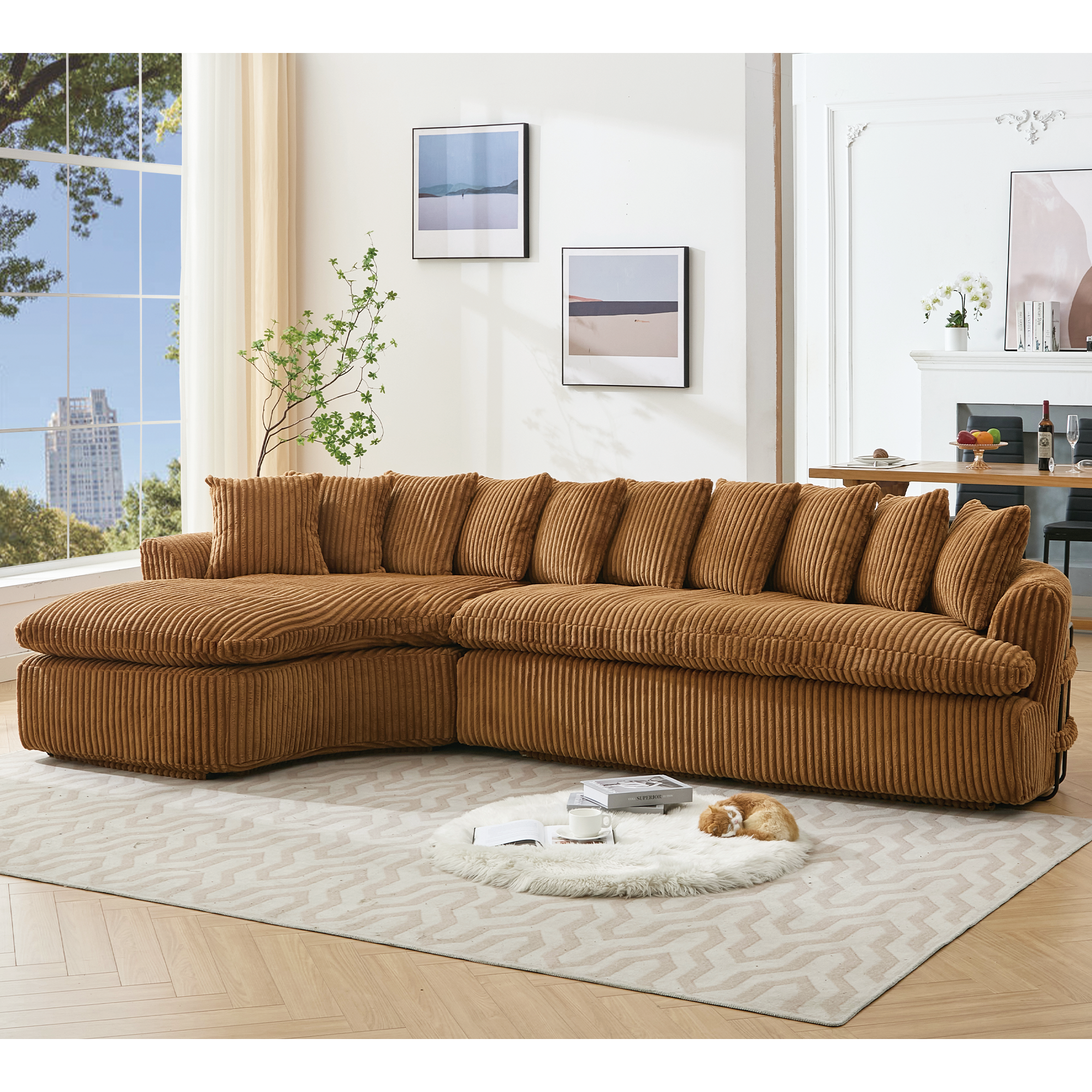127''  Large Sectional Sofa ,Elegant Curved Design ,High-Resilience Foam ,Ten Back Cushions,L-Shape Left Sofa,No Assembly  Required , (Brown-Soft Corduroy Fabric)
