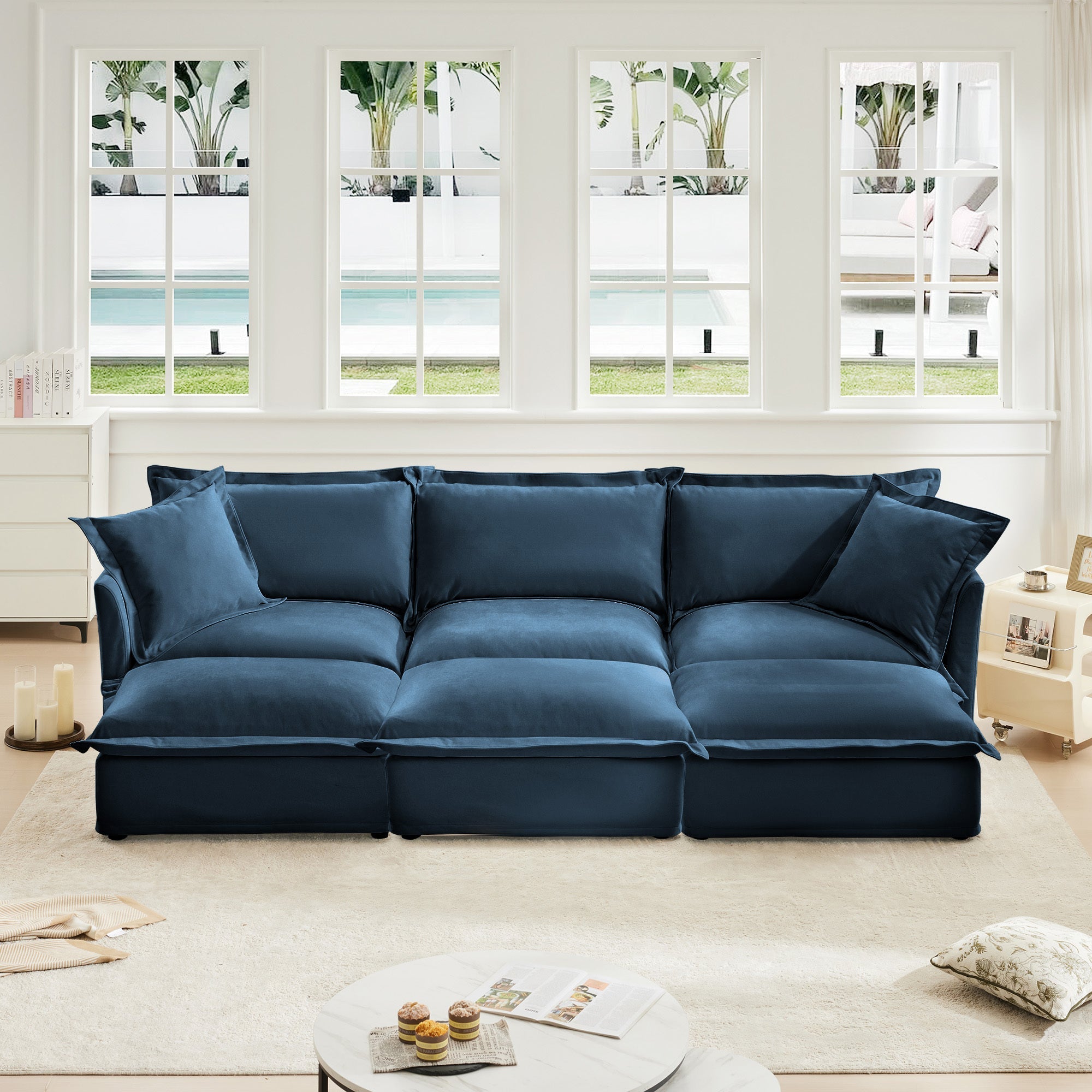 Slipcovered Sofa Couch, Modern 3 Seater Sofa with Suppleness Armrests,Deep Seat Sofa with Soft Multiple Big Pillows, Comfy Couch for Living Room, Apartment,Chenille, Blue
