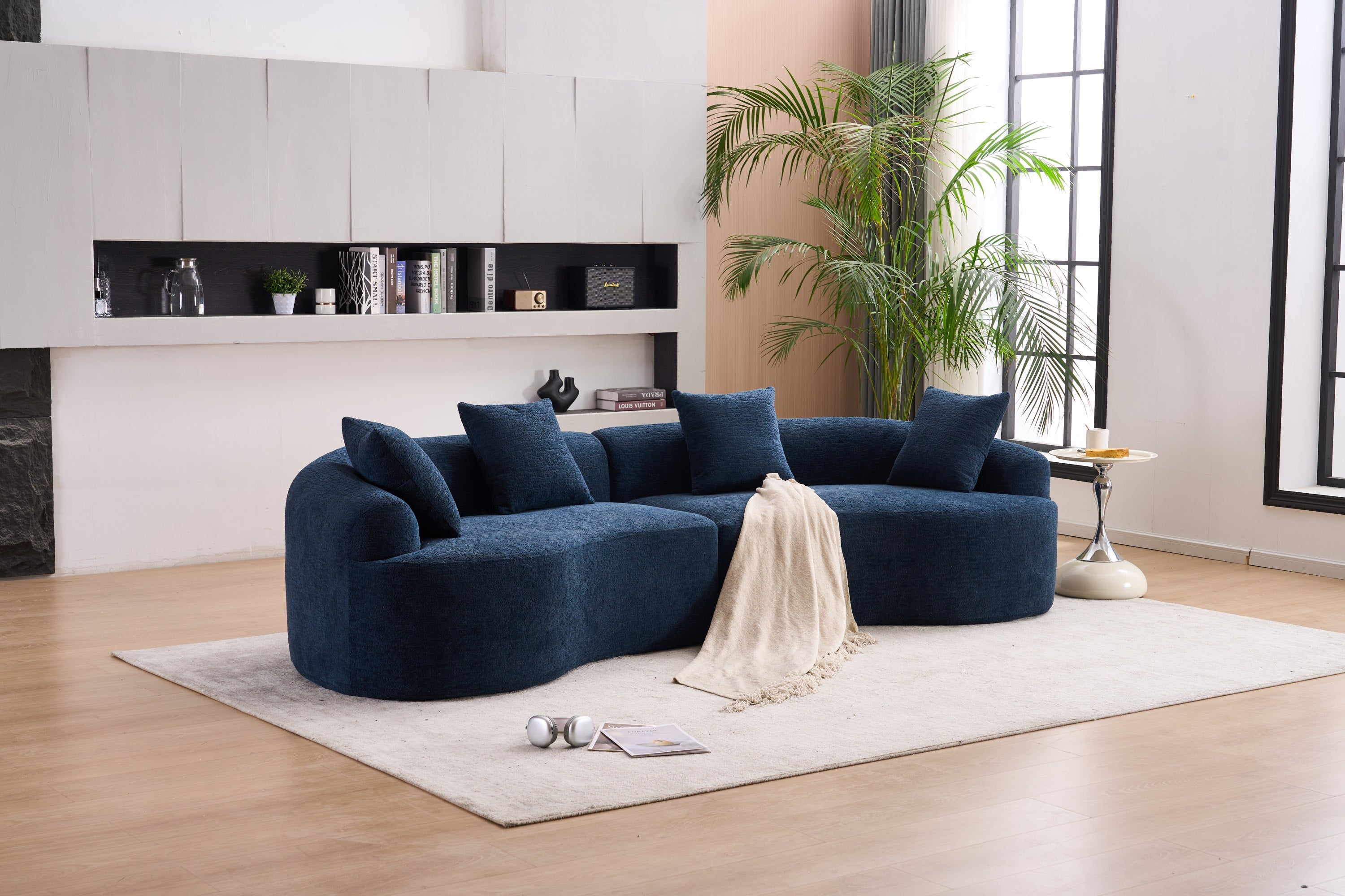 Compression Sponge Sofa Blue Curved Modular Sectional, 30D High-Density Chenille Sleeper Couch for Apartment, Living Room,110'L