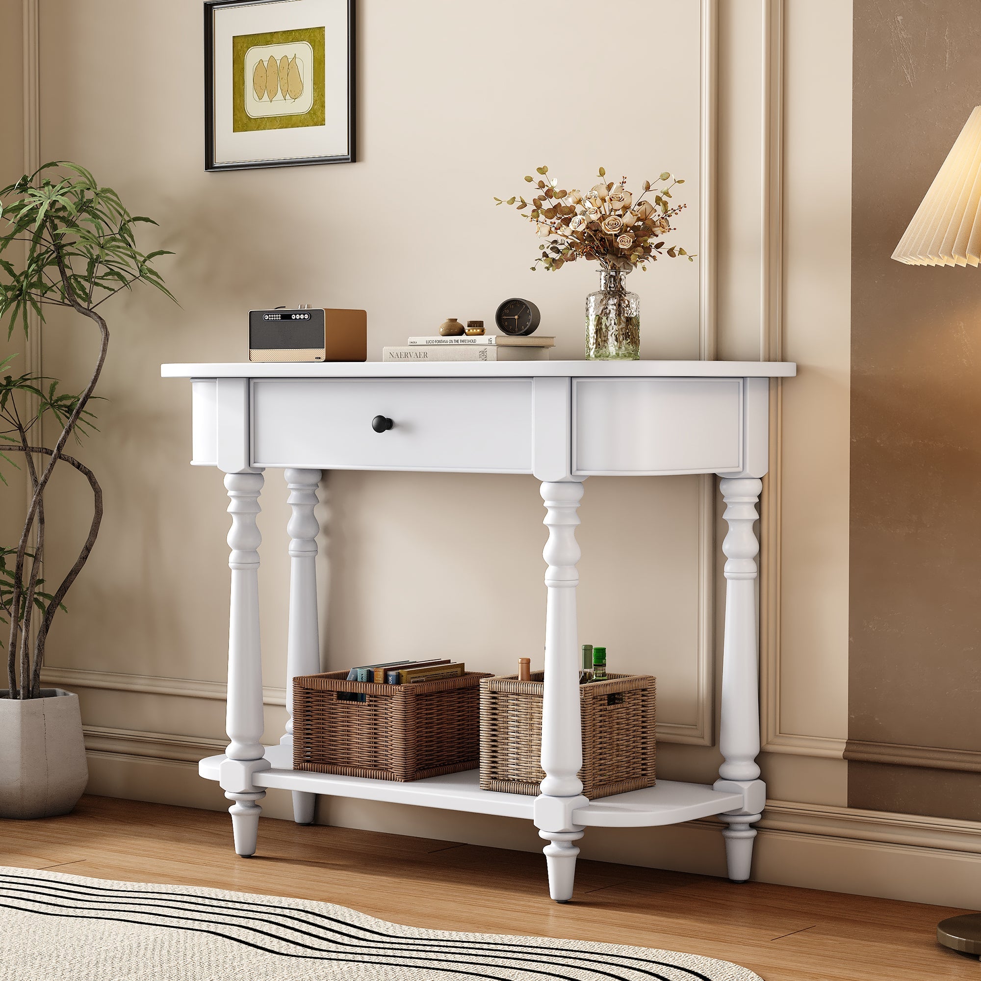 TREXM Narrow Console Table with Curved Corner, Retro Entryway Table with Top Drawer and Open Shelf, Sofa Table Console Tables for Entryway, Hallway and Living Room (White)