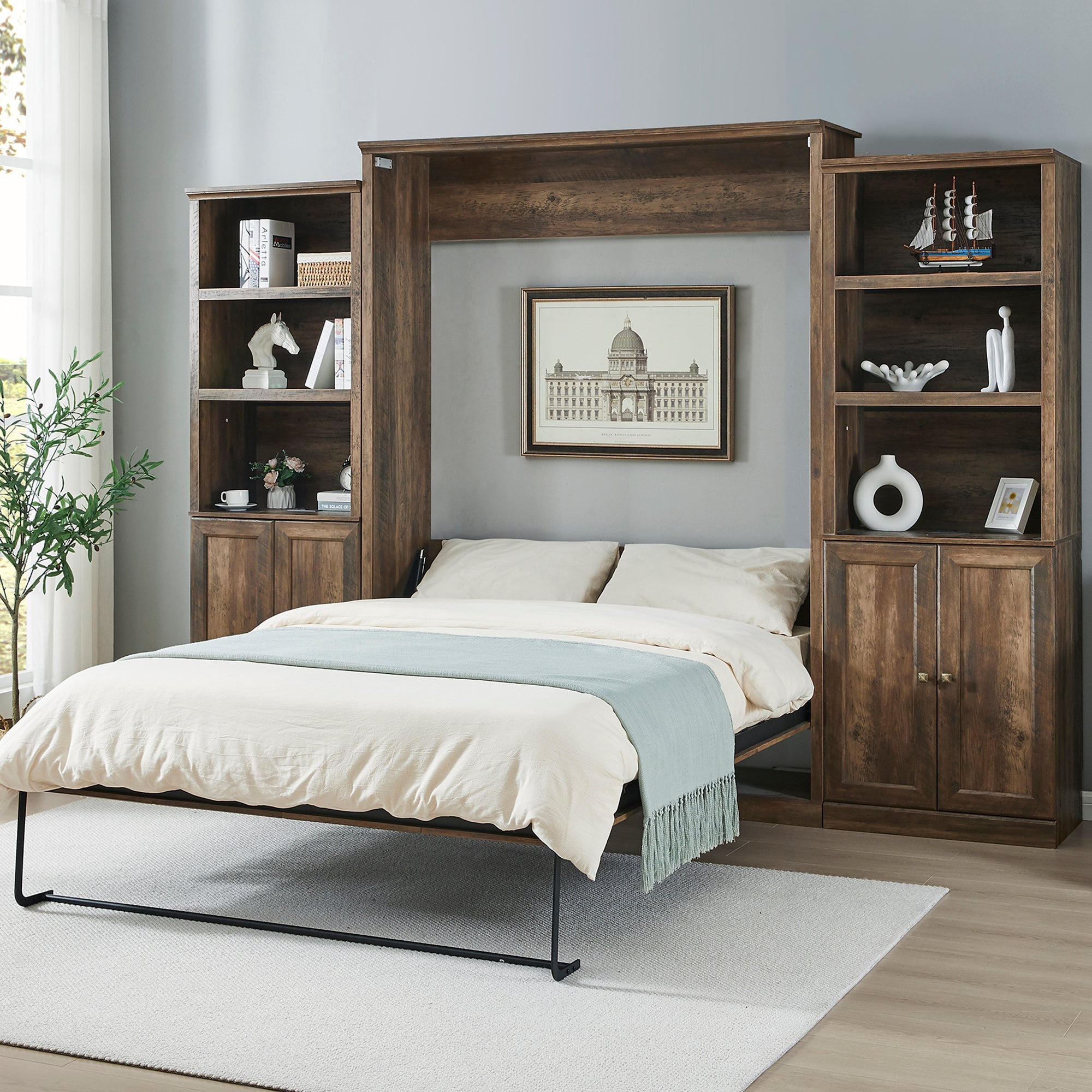Queen Size Half Self-Close and Open Murphy Bed with 2 Side Cabinet Storage Shelf, Cabinet Space-Saving Bed Perfect for Guest Room, Bed Room, Guest Room, Home Office, Brown