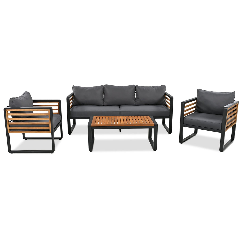 GO Large Size 4-pieces Outdoor Furniture sofa for 5 Person Conversation Set, Garden Sofa Set With Removable Cushion, Metal And Wood Frame Sofa set, Thick Cushions, Acacia Wood Tabletop, Gray