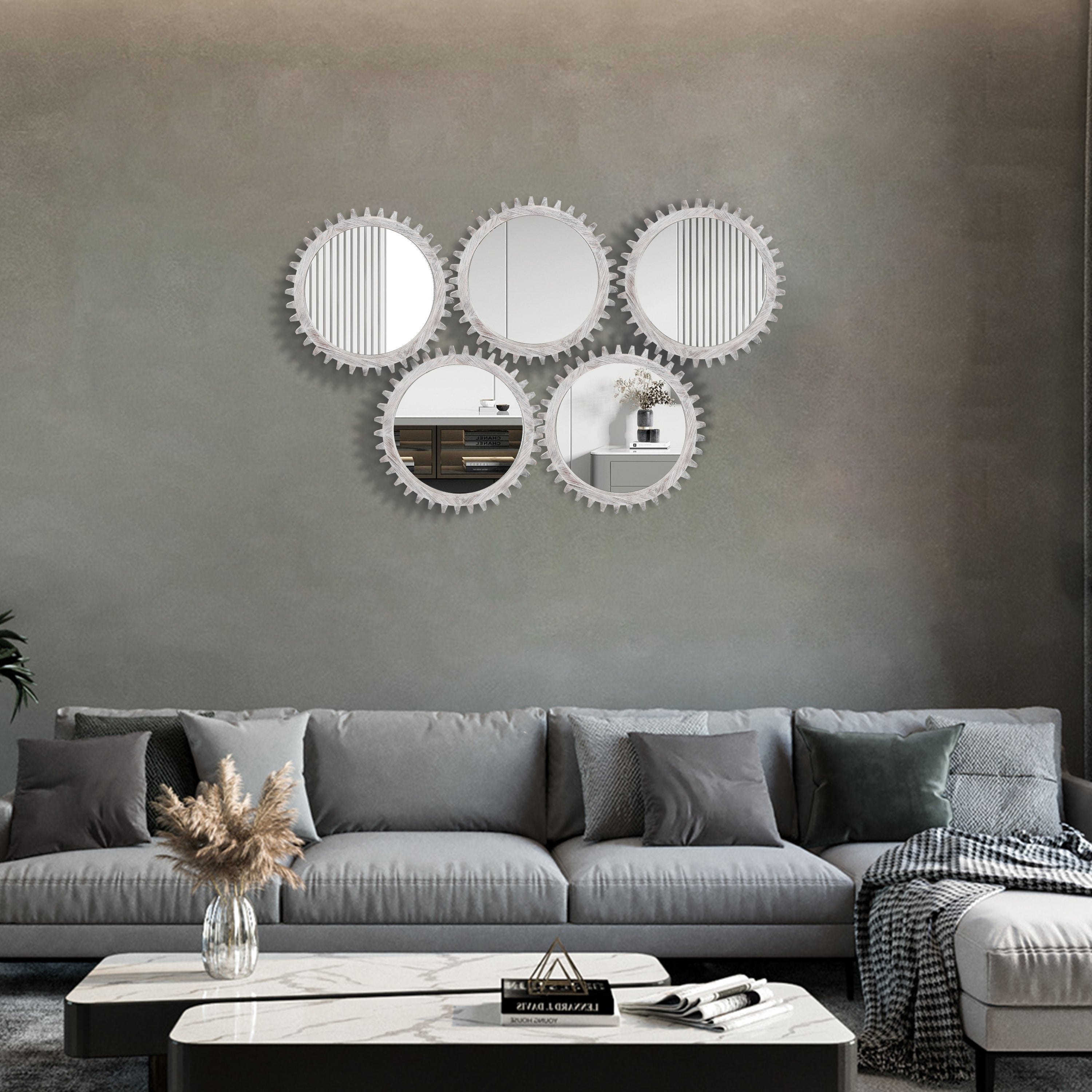 Vintage 17'' x 17'' Wood Round Hanging Gear Shape Decorative Mirror Patchwork Effect With Large-size Mirrors  Individually On Art Walls,Sold Individually(Antique White Washed)