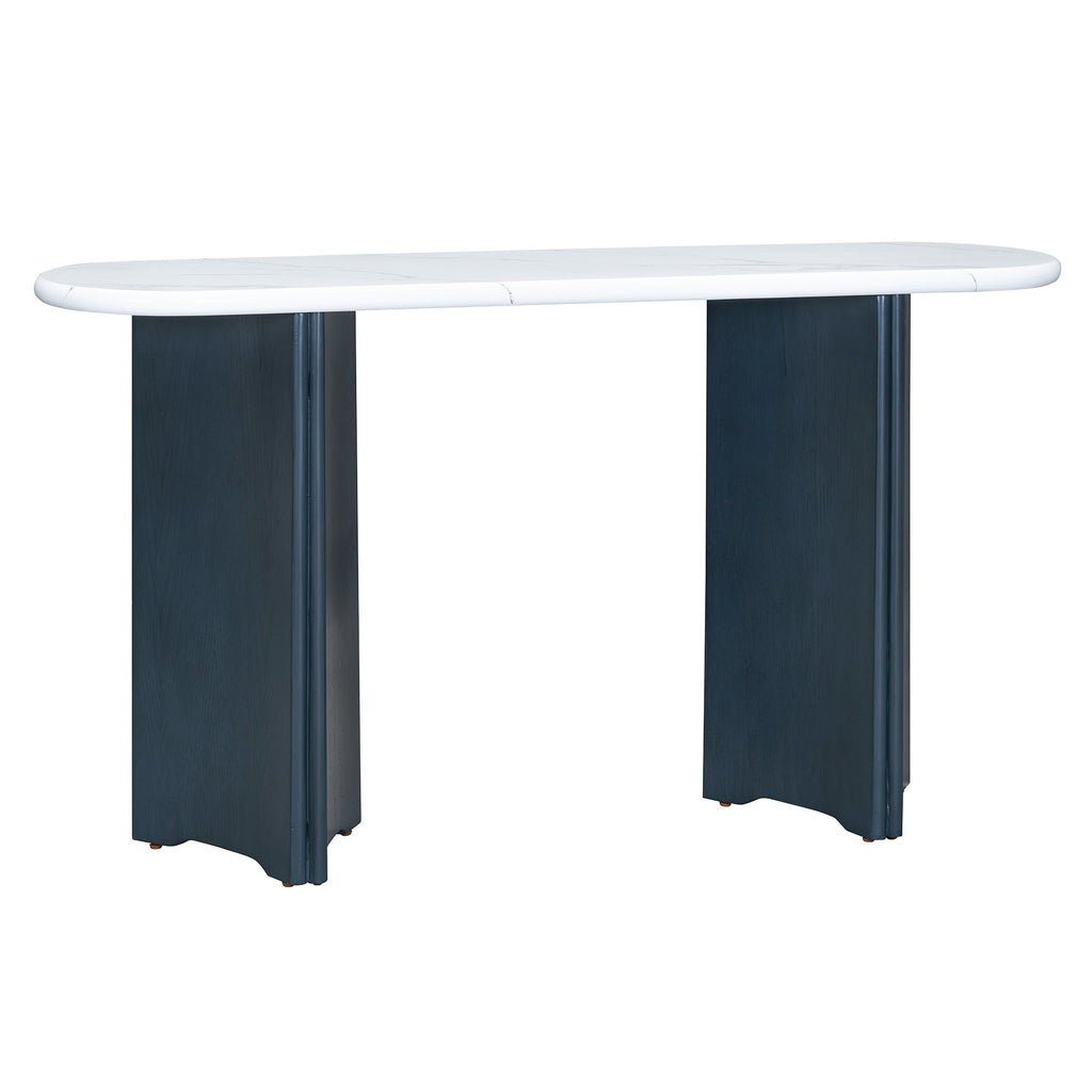 TREXM Narrow Console Table, Entryway Table with Oval Faux Marble Top, Rustic Sofa Table with Curved Legs, Hallway Accent Table for Entrance and Living Room (Navy+White)
