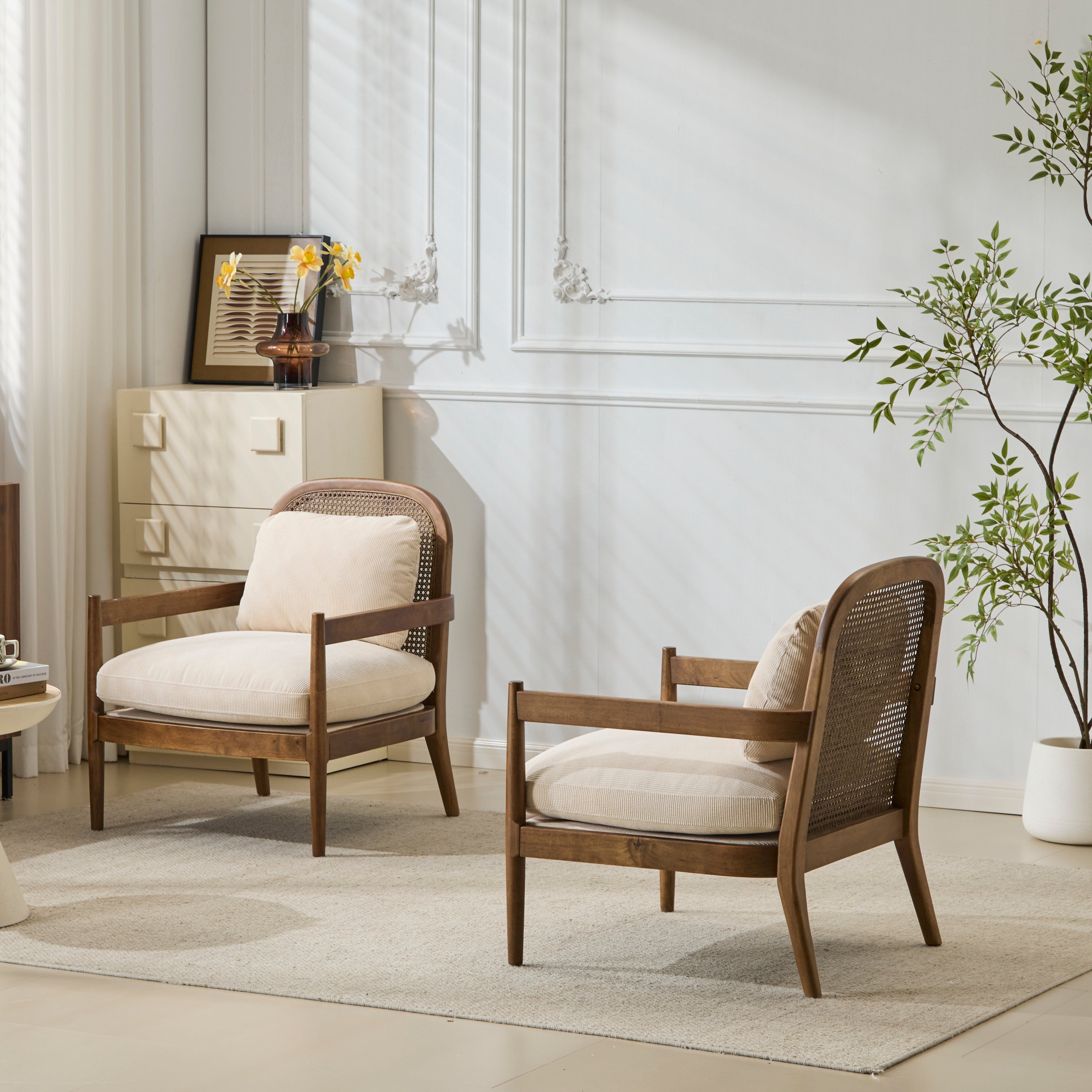 [Set of 2] 26.6' Mid-Century Modern Accent Chair with Light Brown Finish Solid Wood Frame and Rattan Backrest, Beige Cushion with Striped Fabric, Comfy Armchairs for Living Room, Bedroom, Reading Nook