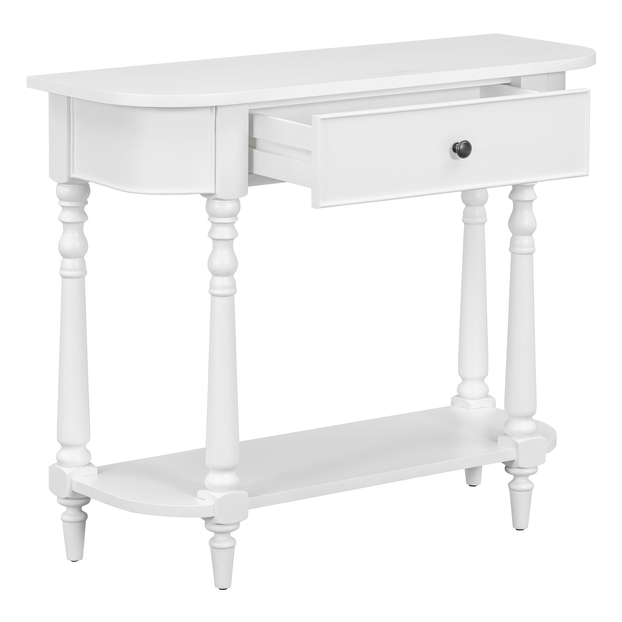 TREXM Narrow Console Table with Curved Corner, Retro Entryway Table with Top Drawer and Open Shelf, Sofa Table Console Tables for Entryway, Hallway and Living Room (White)